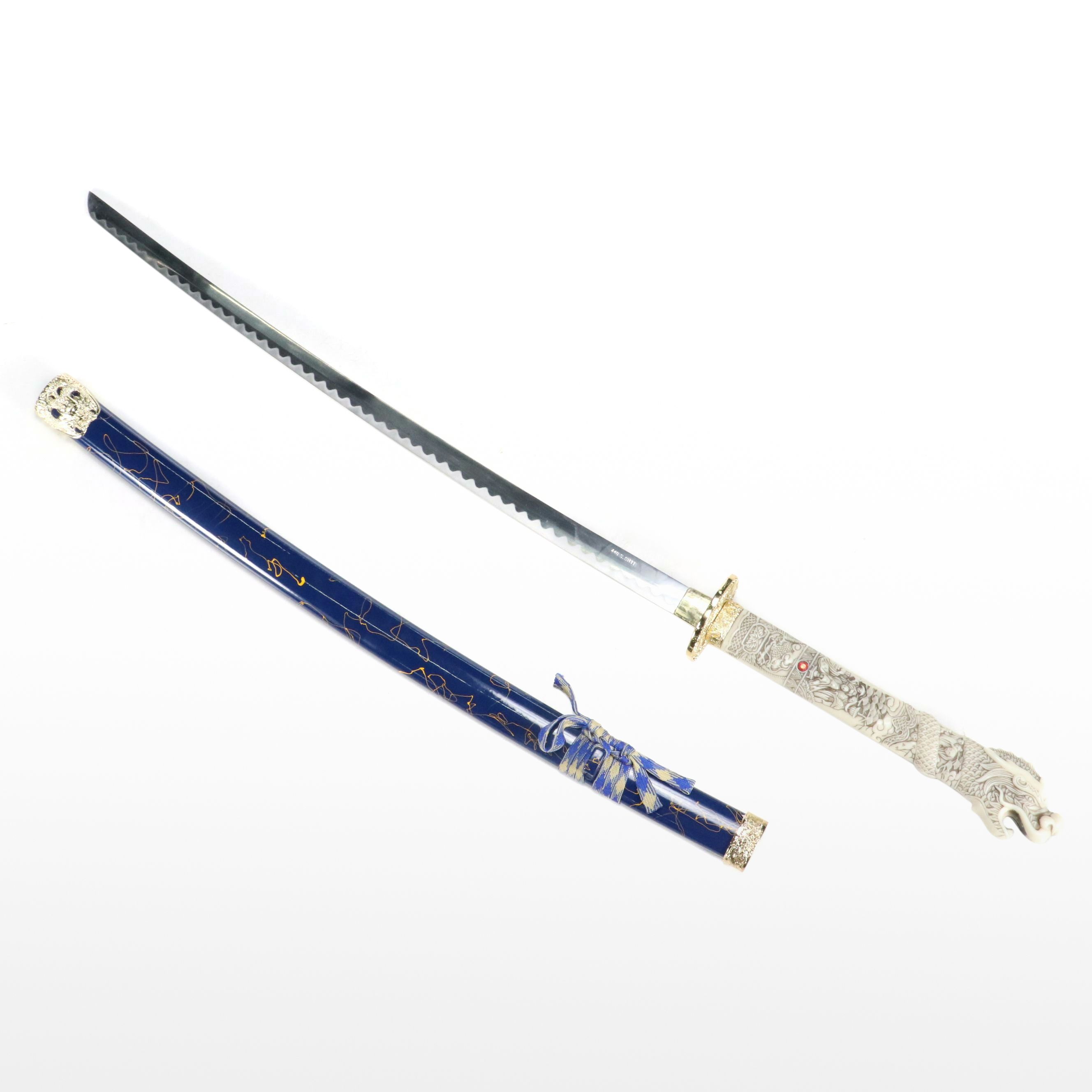 Contemporary Resin Dragon Handle Katana with Blue Scabbard
