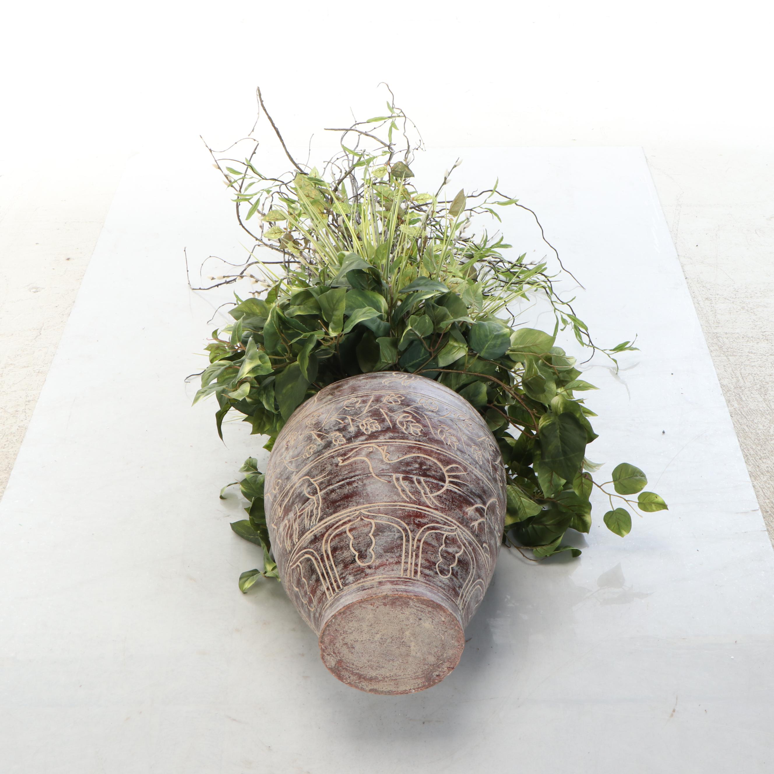 Sgraffito Earthenware Vase with Artificial Greenery