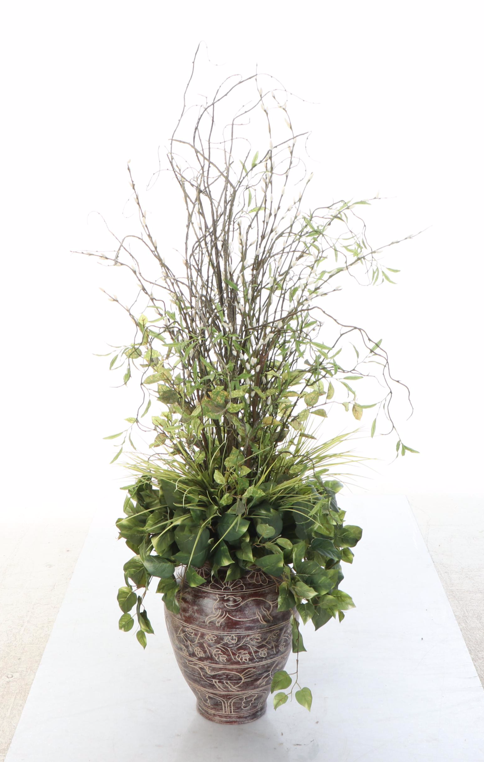 Sgraffito Earthenware Vase with Artificial Greenery