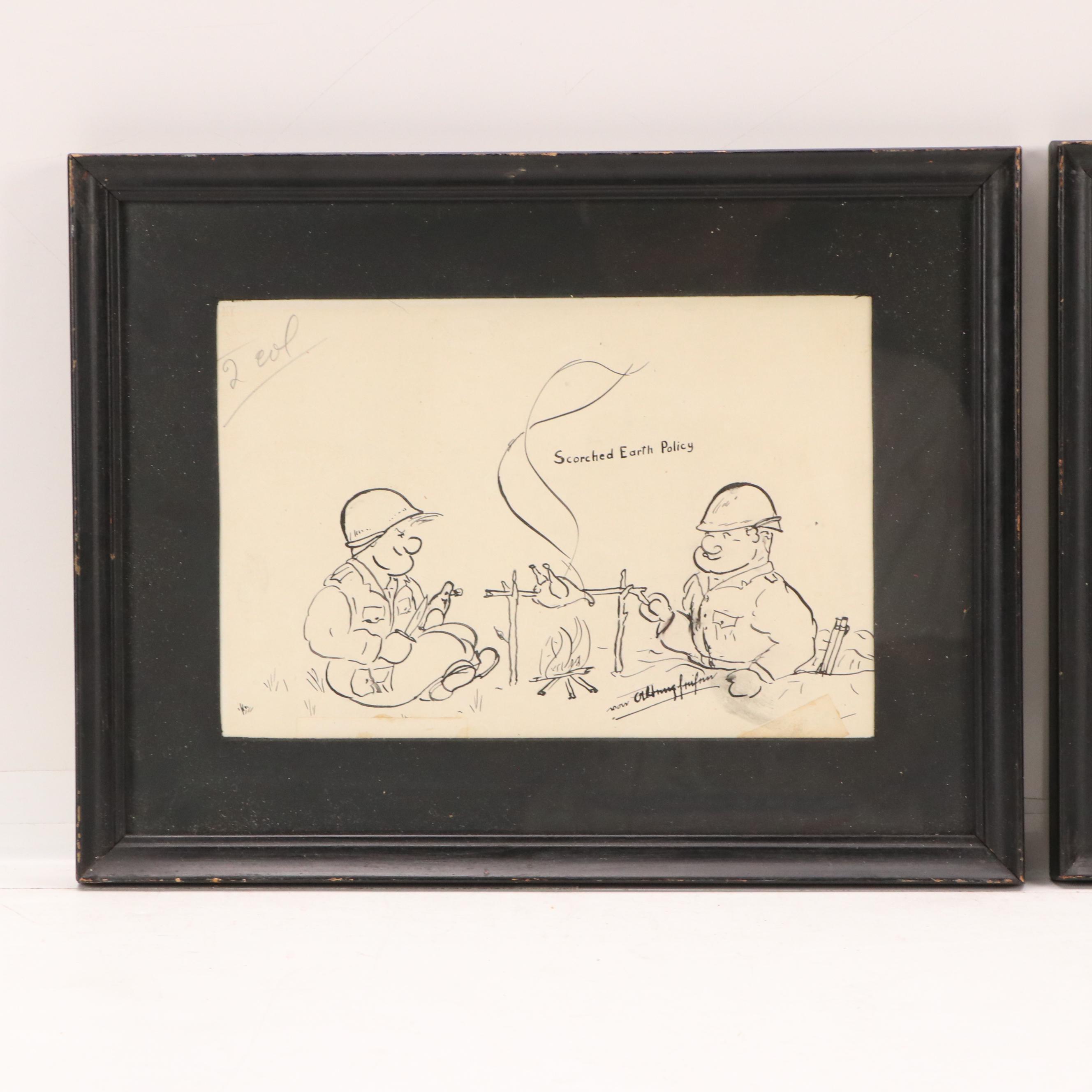 WWII Cartoon Ink Drawings Including "Smoked Earth Policy"