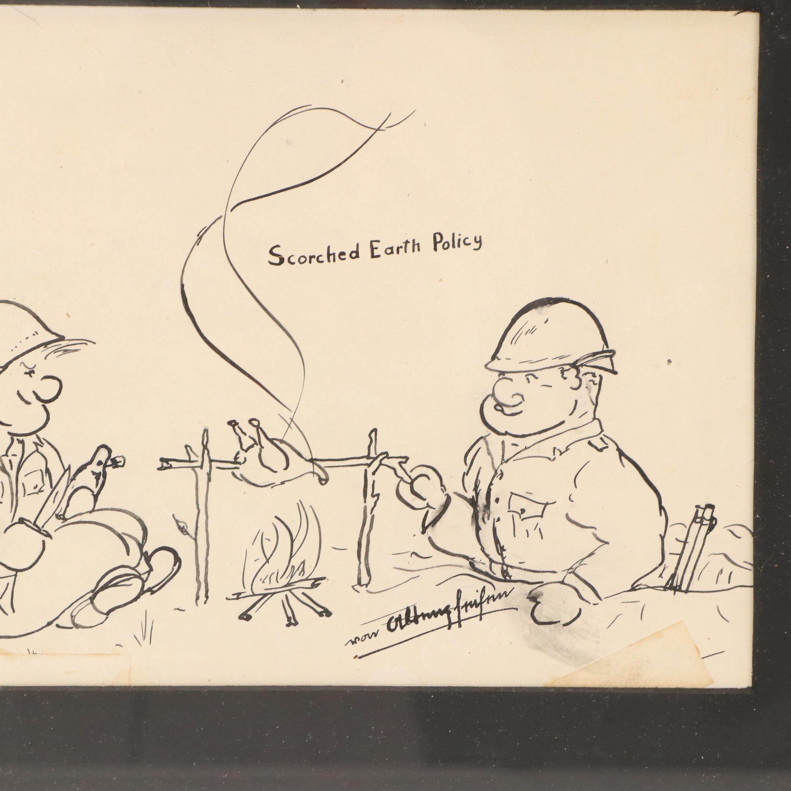 WWII Cartoon Ink Drawings Including "Smoked Earth Policy"