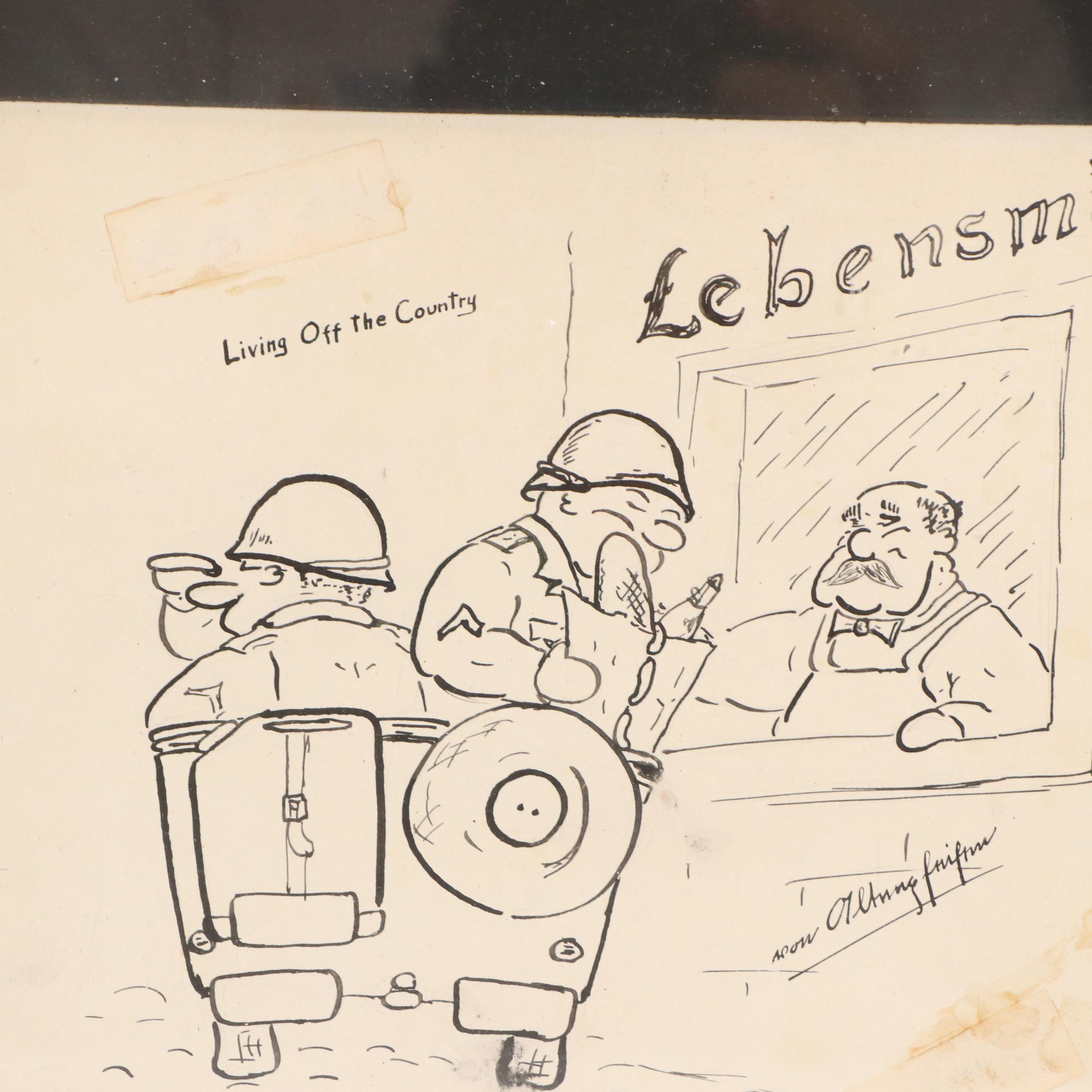 WWII Cartoon Ink Drawings Including "Smoked Earth Policy"