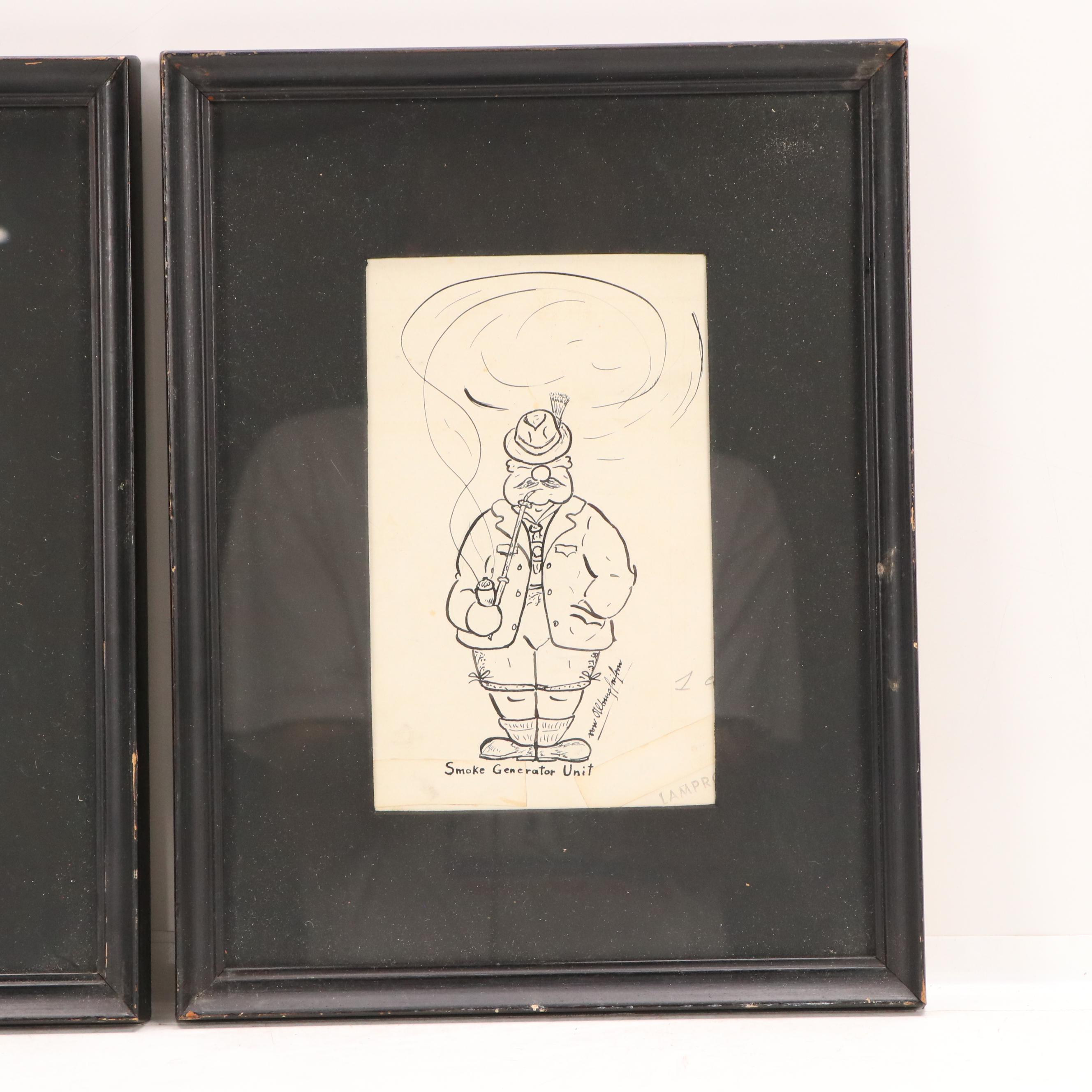 WWII Cartoon Ink Drawings Including "Smoked Earth Policy"