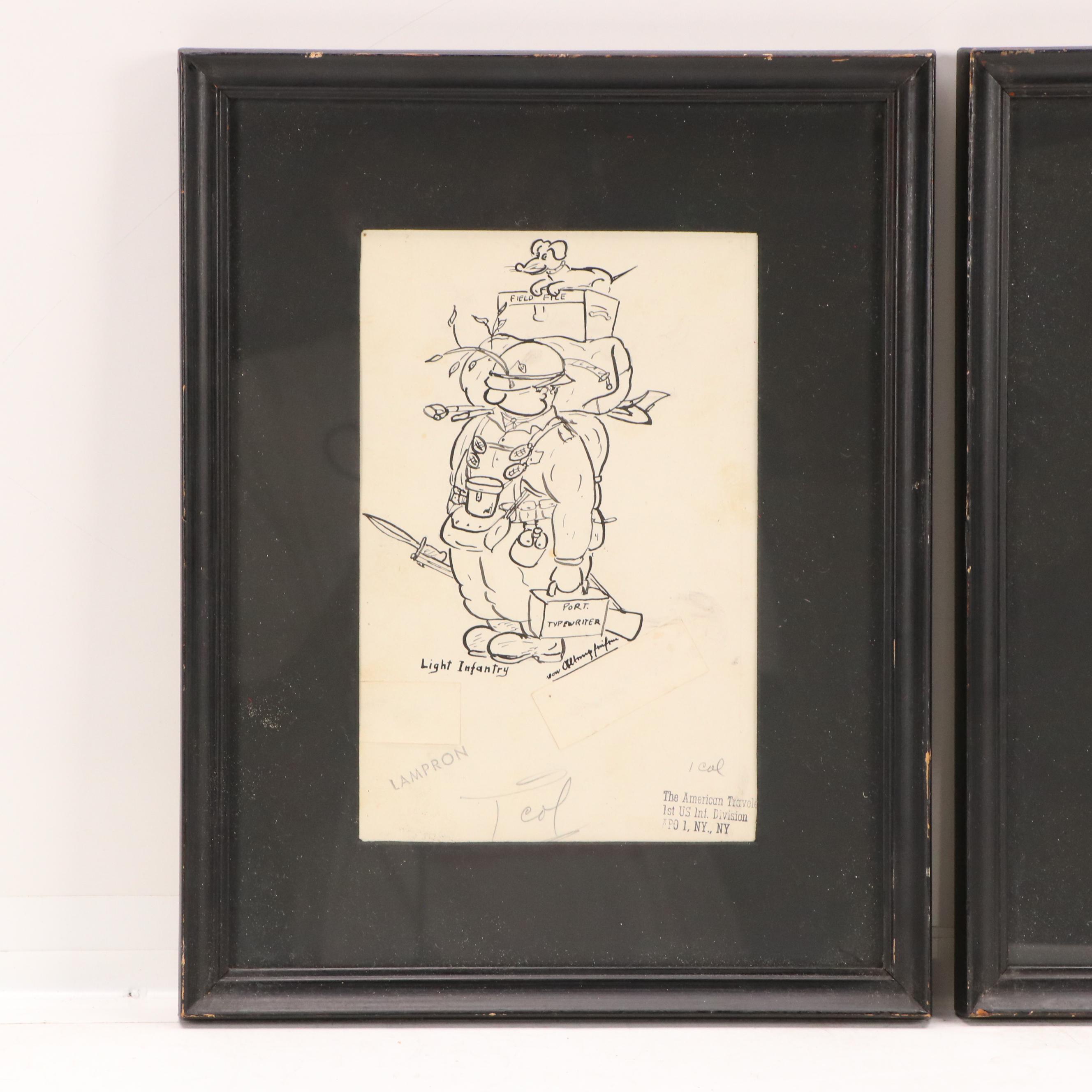 WWII Cartoon Ink Drawings Including "Smoked Earth Policy"