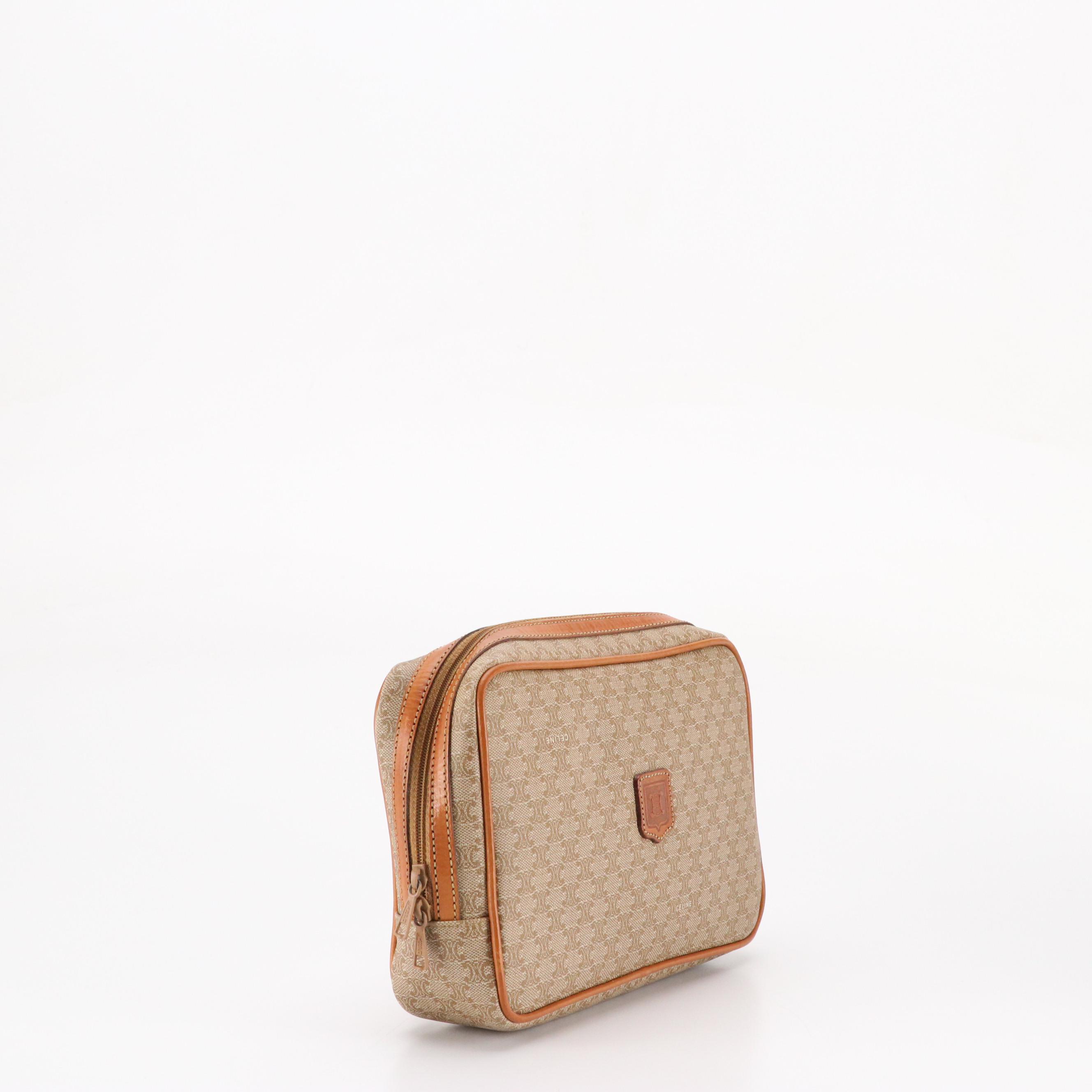 Celine Zippered Toiletry Pouch in Macadam Canvas with Leather Trim