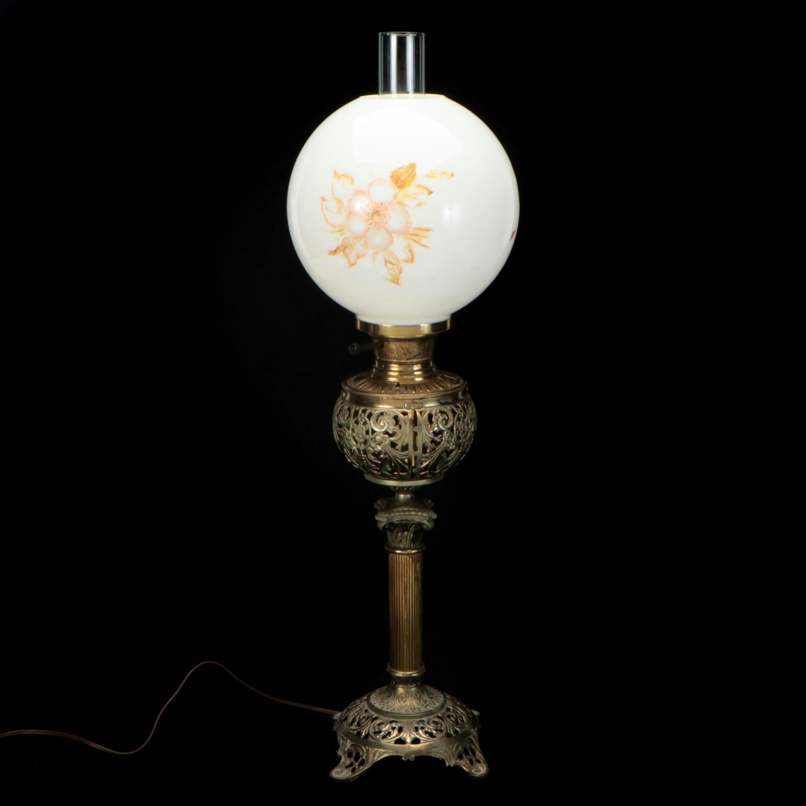 Victorian Bradley & Hubbard Brass Banquet Oil Lamp, Antique and Adapted 20th C.