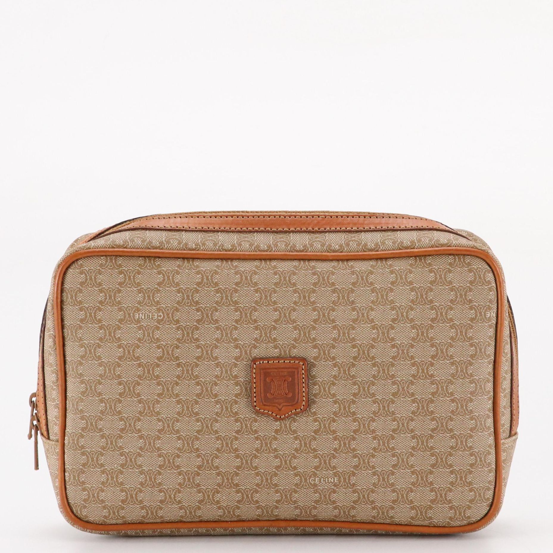 Celine Zippered Toiletry Pouch in Macadam Canvas with Leather Trim
