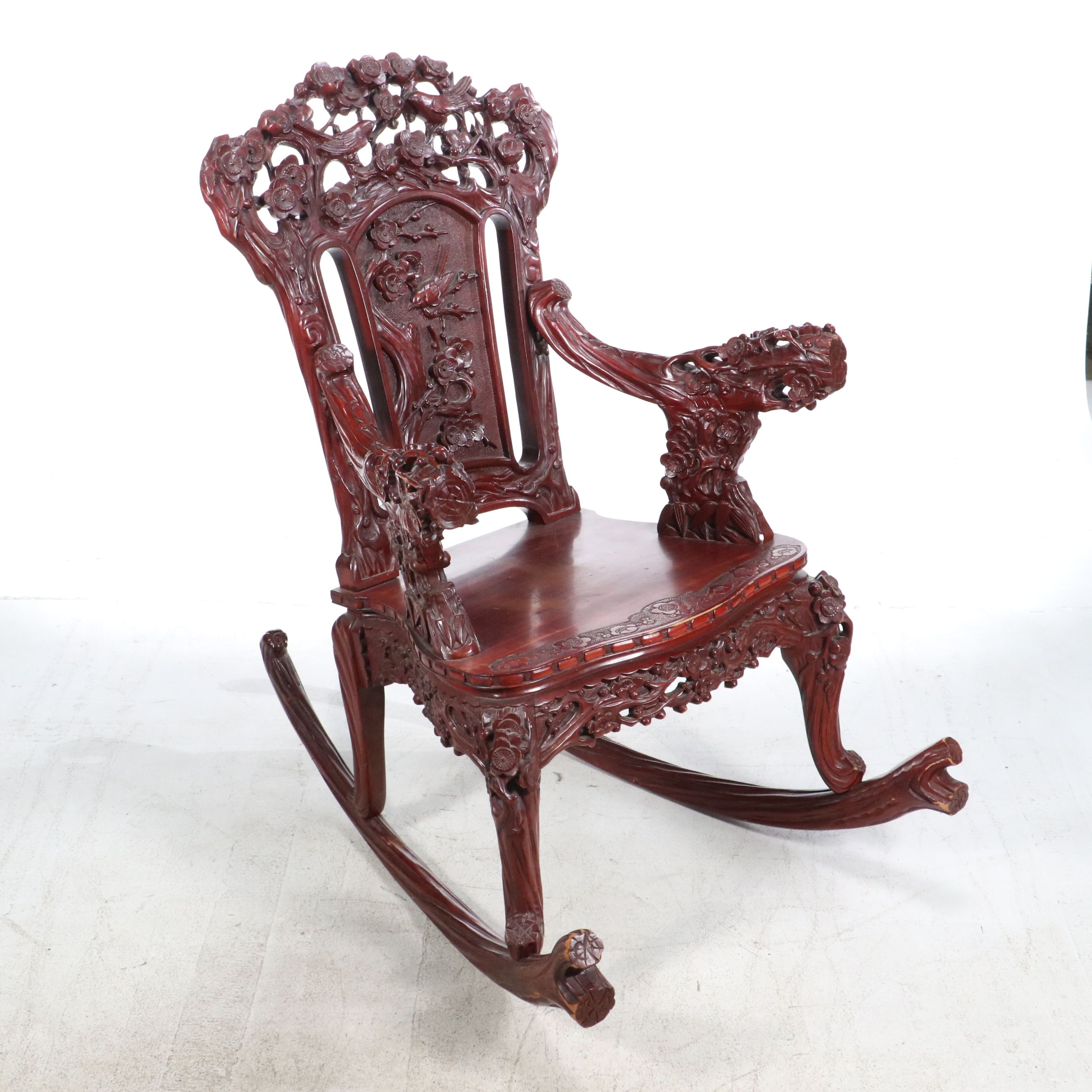 Japanese Cherry Blossom Carved Hardwood Rocking Chair