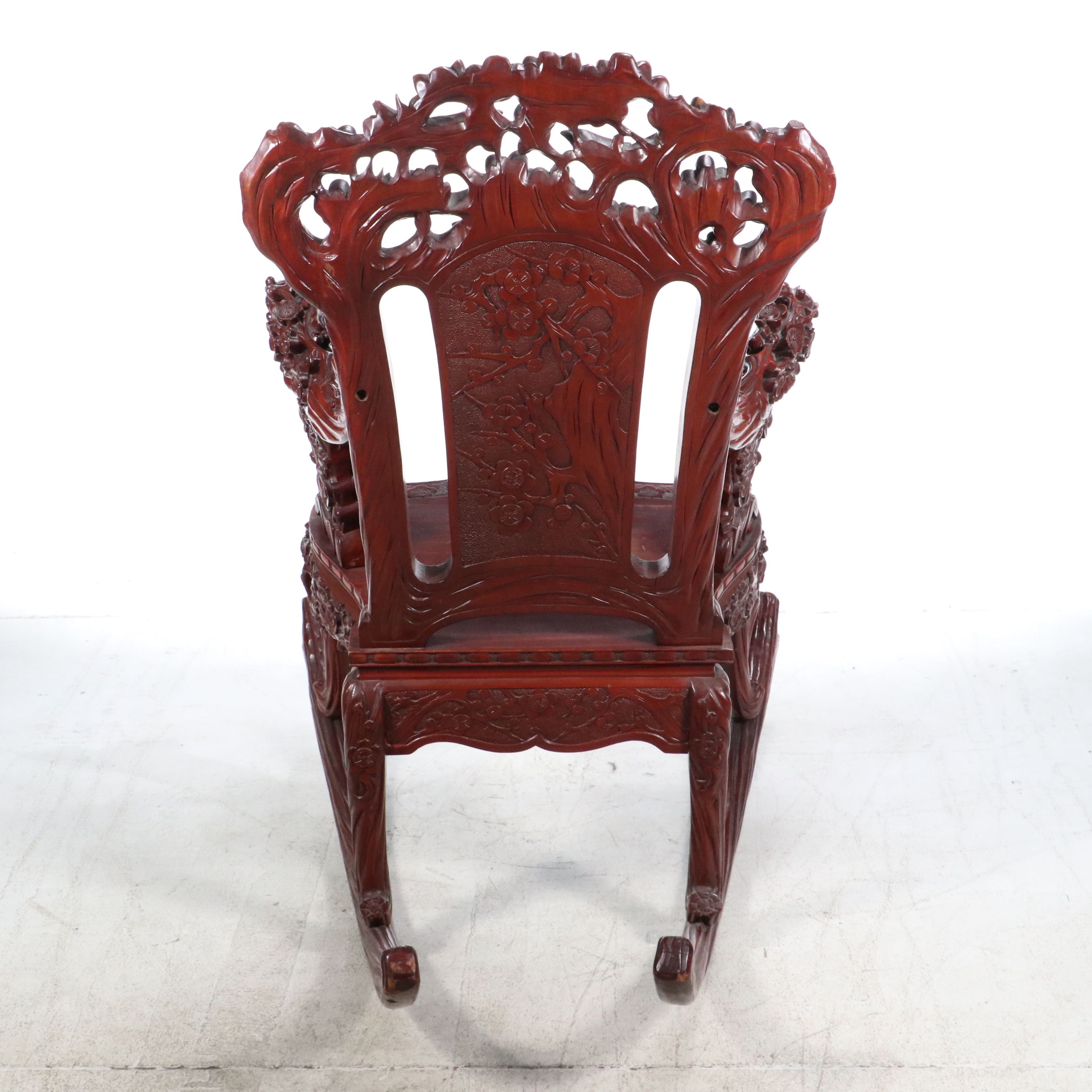 Japanese Cherry Blossom Carved Hardwood Rocking Chair