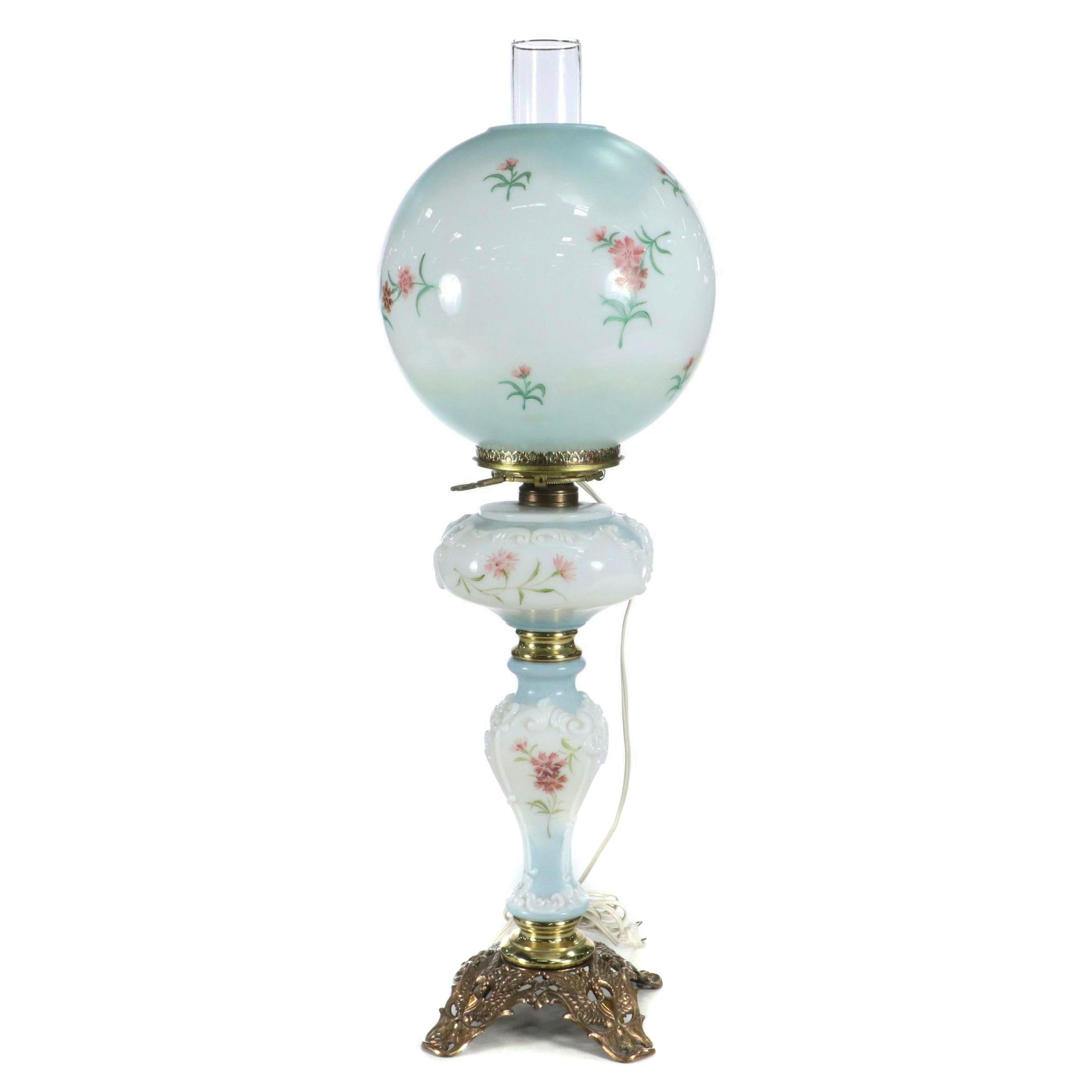 Victorian Style Paint-Decorated Milk Glass Single Globe Parlor Lamp