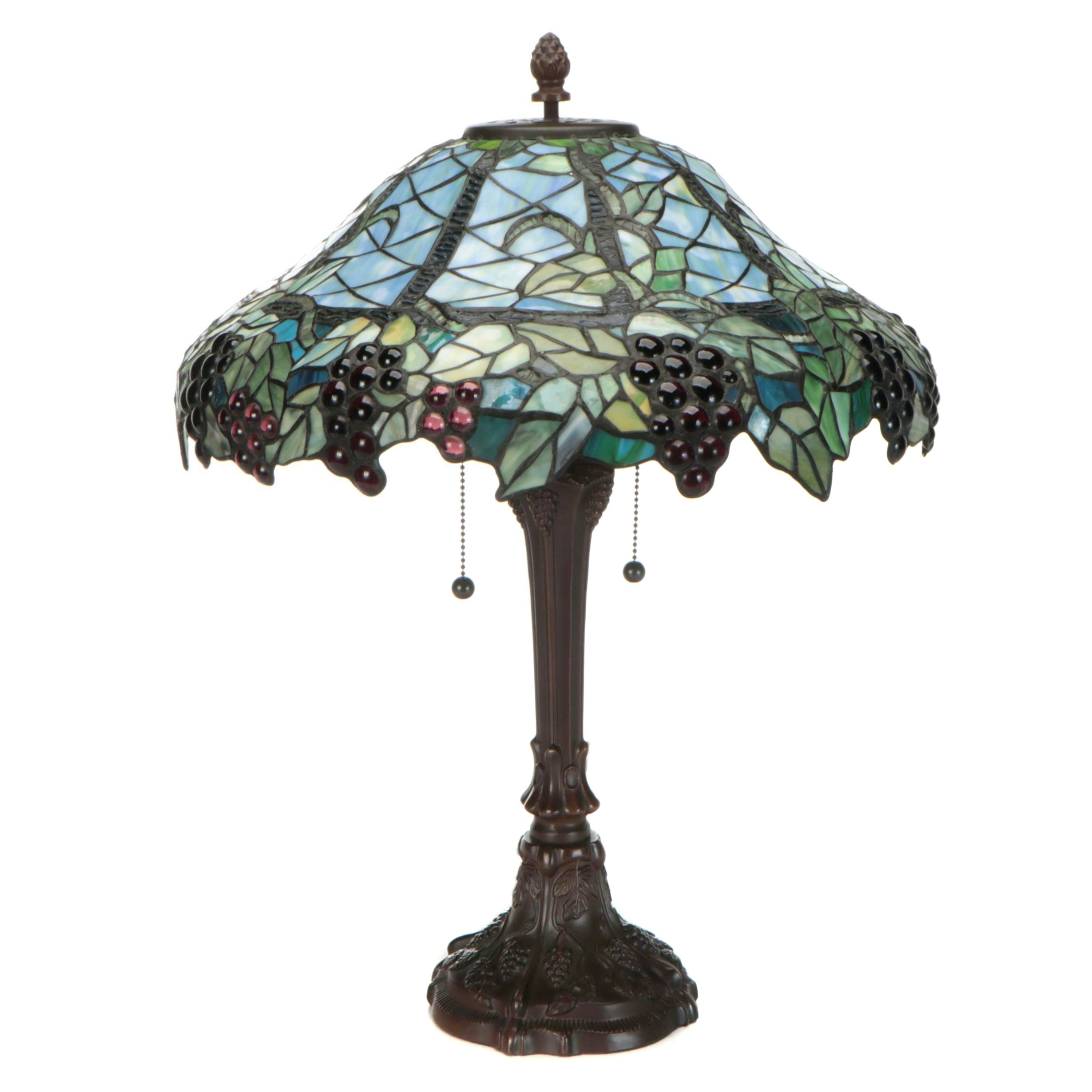 Art Nouveau Style Grapevine Table Lamp with Jeweled Slag Glass Shade