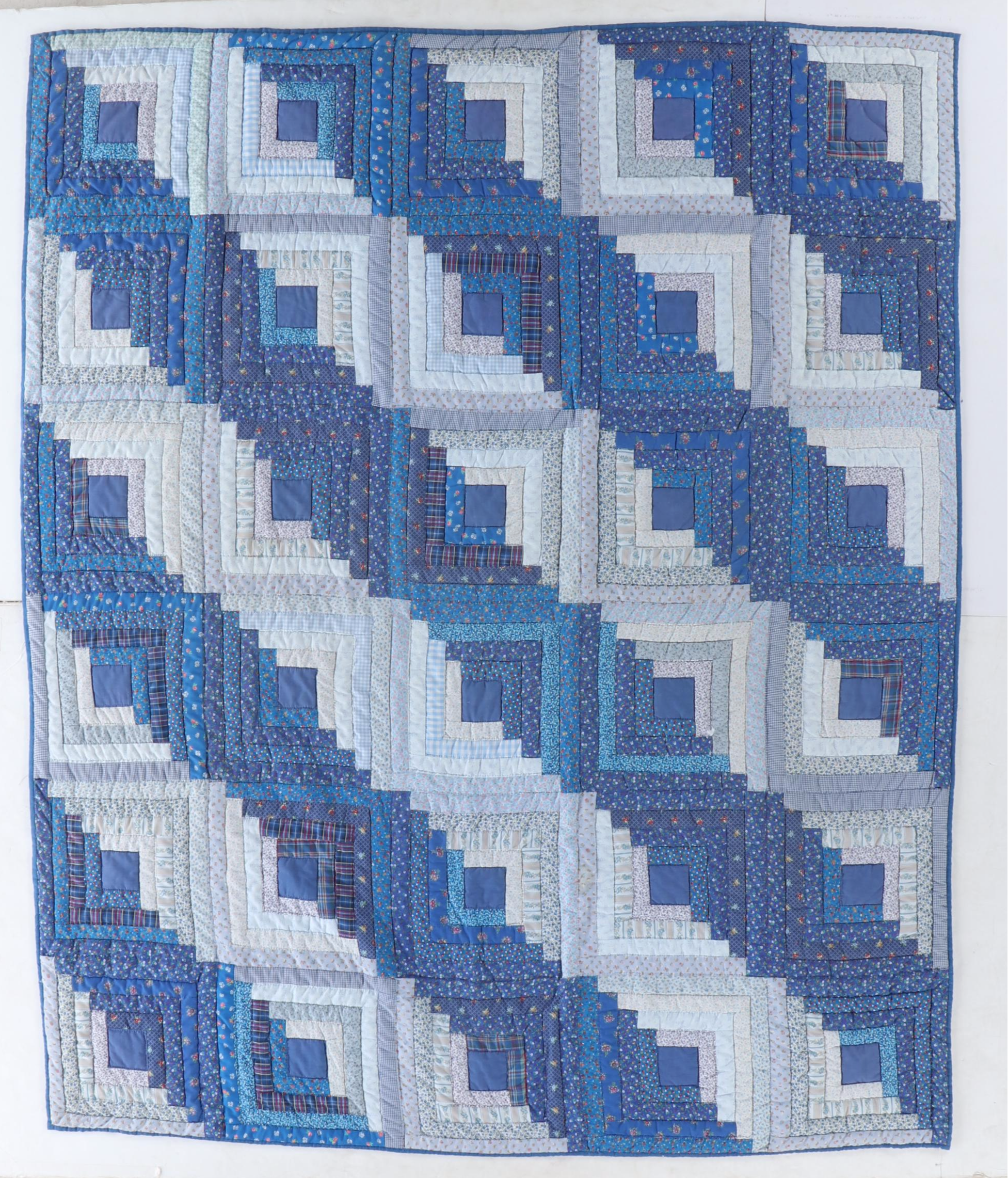 Handmade Pieced "Log Cabin" Blue Calico Quilt with Matching Pillow Cases