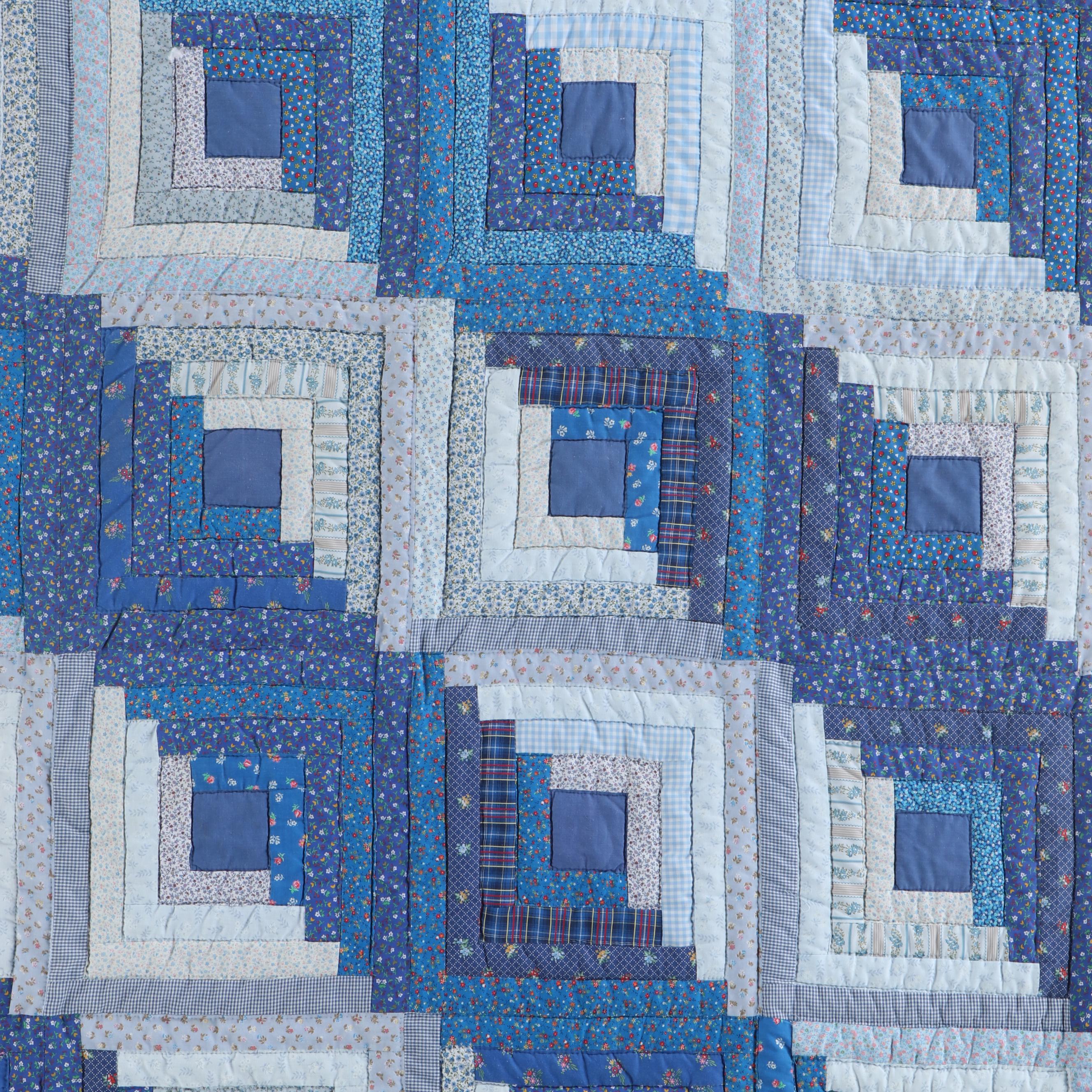 Handmade Pieced "Log Cabin" Blue Calico Quilt with Matching Pillow Cases
