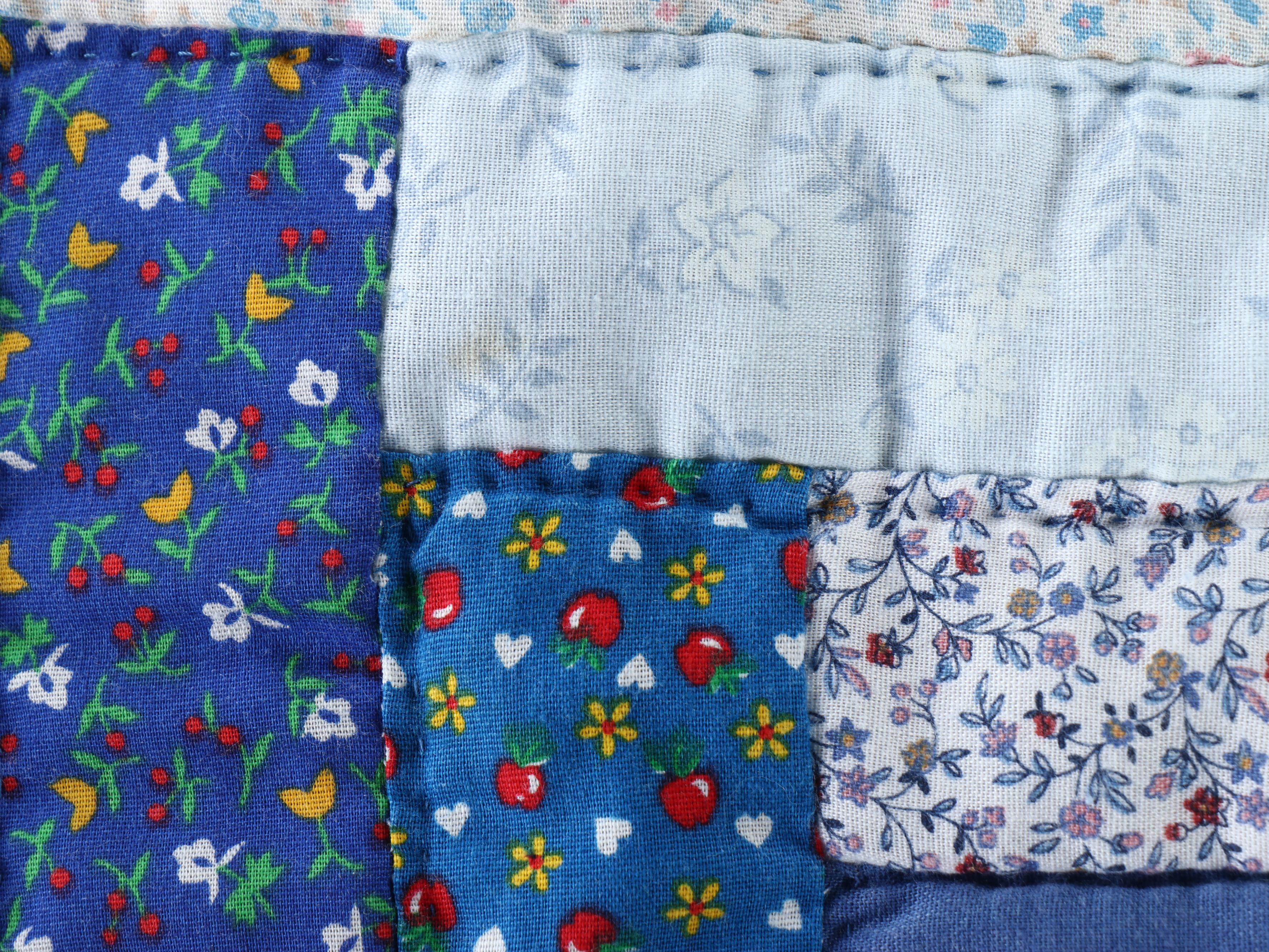 Handmade Pieced "Log Cabin" Blue Calico Quilt with Matching Pillow Cases