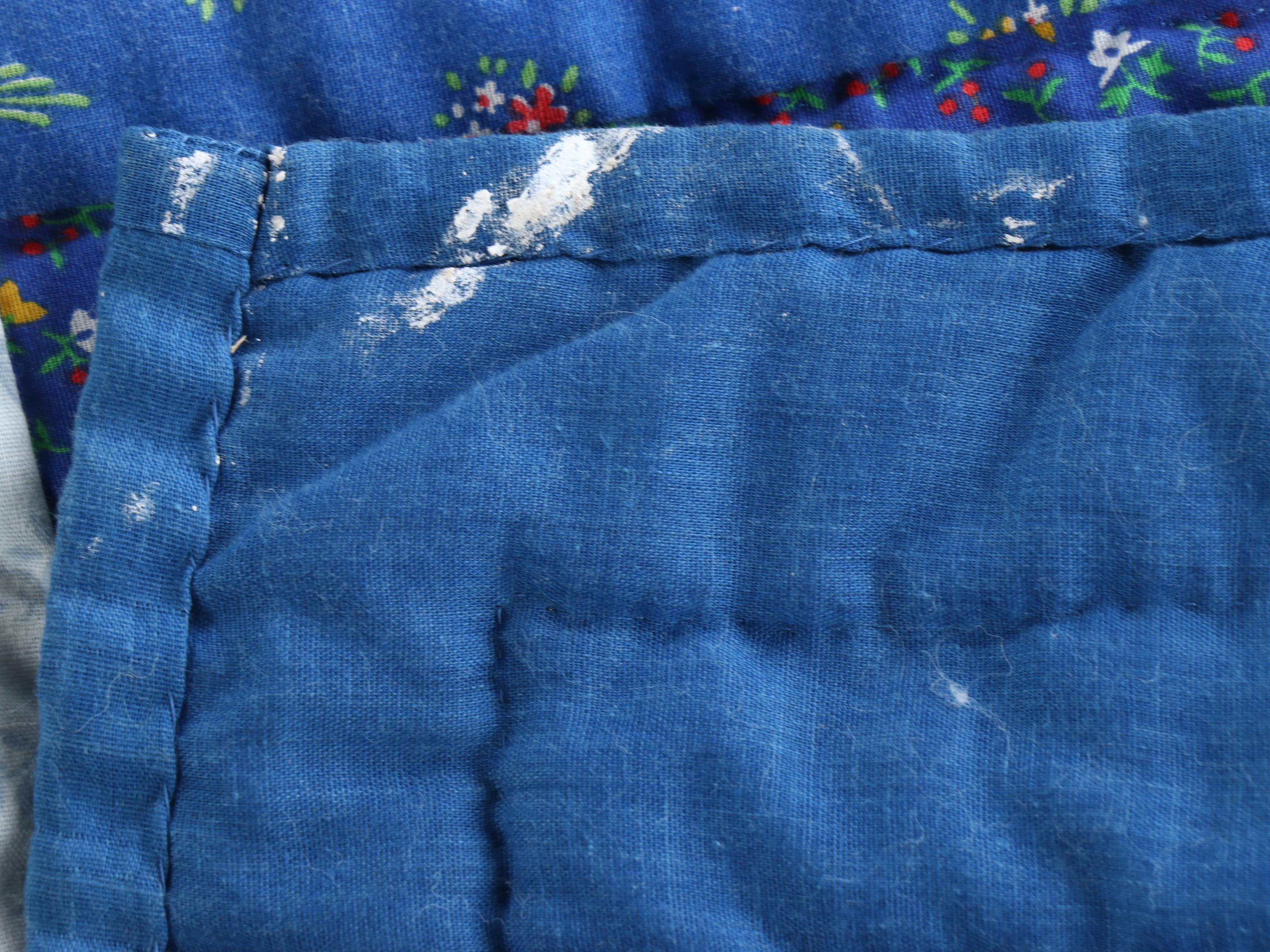 Handmade Pieced "Log Cabin" Blue Calico Quilt with Matching Pillow Cases