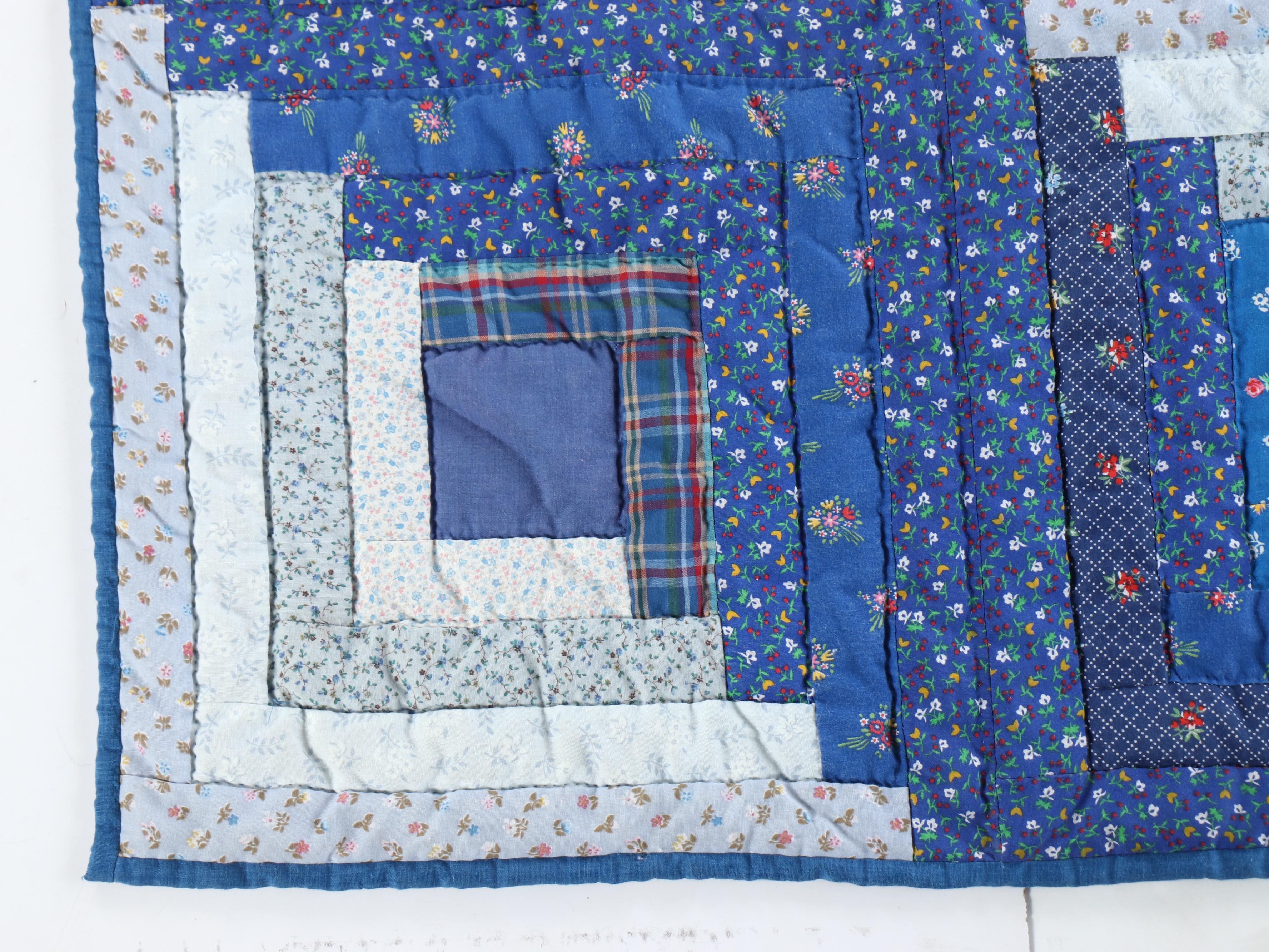 Handmade Pieced "Log Cabin" Blue Calico Quilt with Matching Pillow Cases