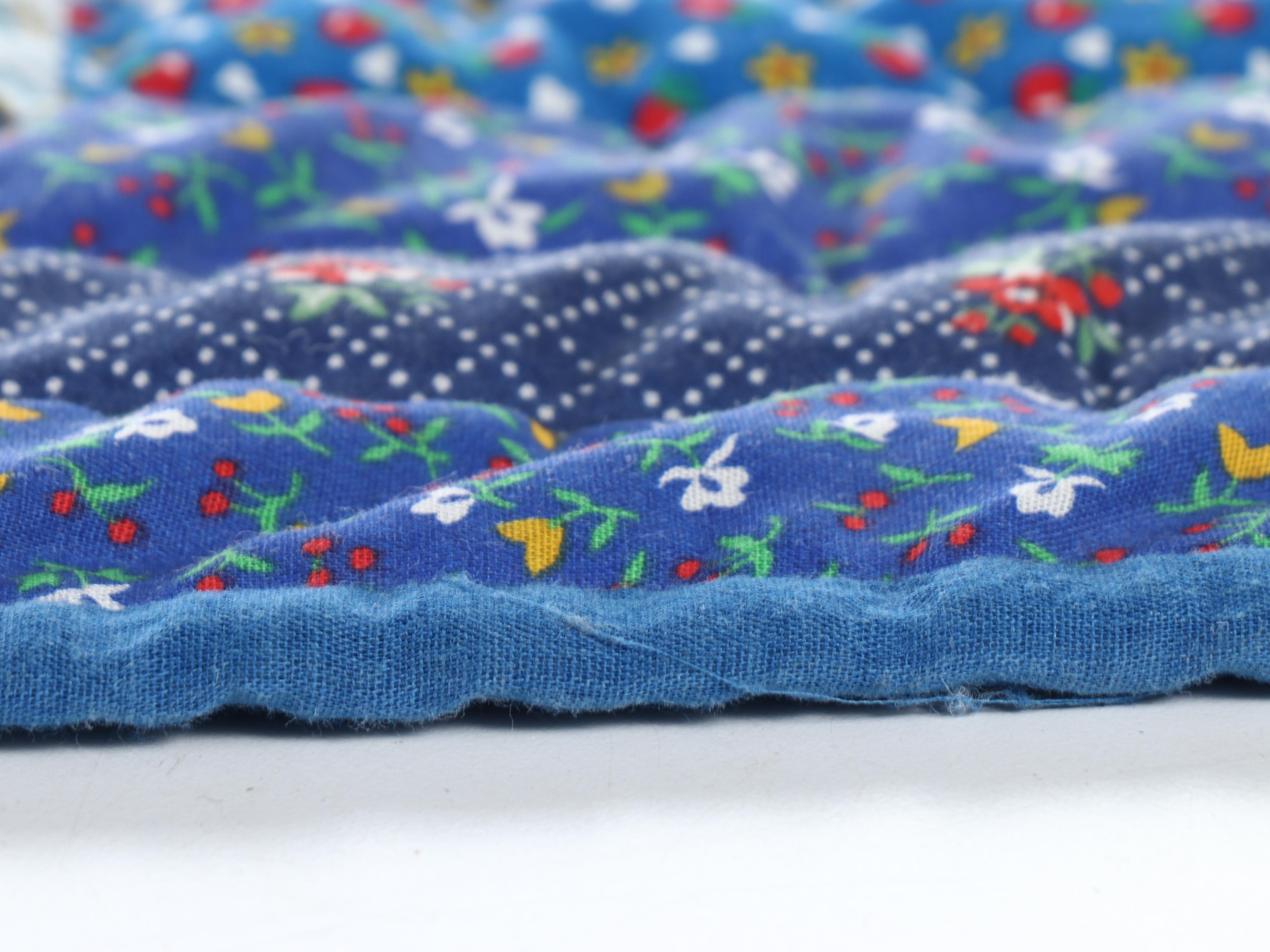 Handmade Pieced "Log Cabin" Blue Calico Quilt with Matching Pillow Cases