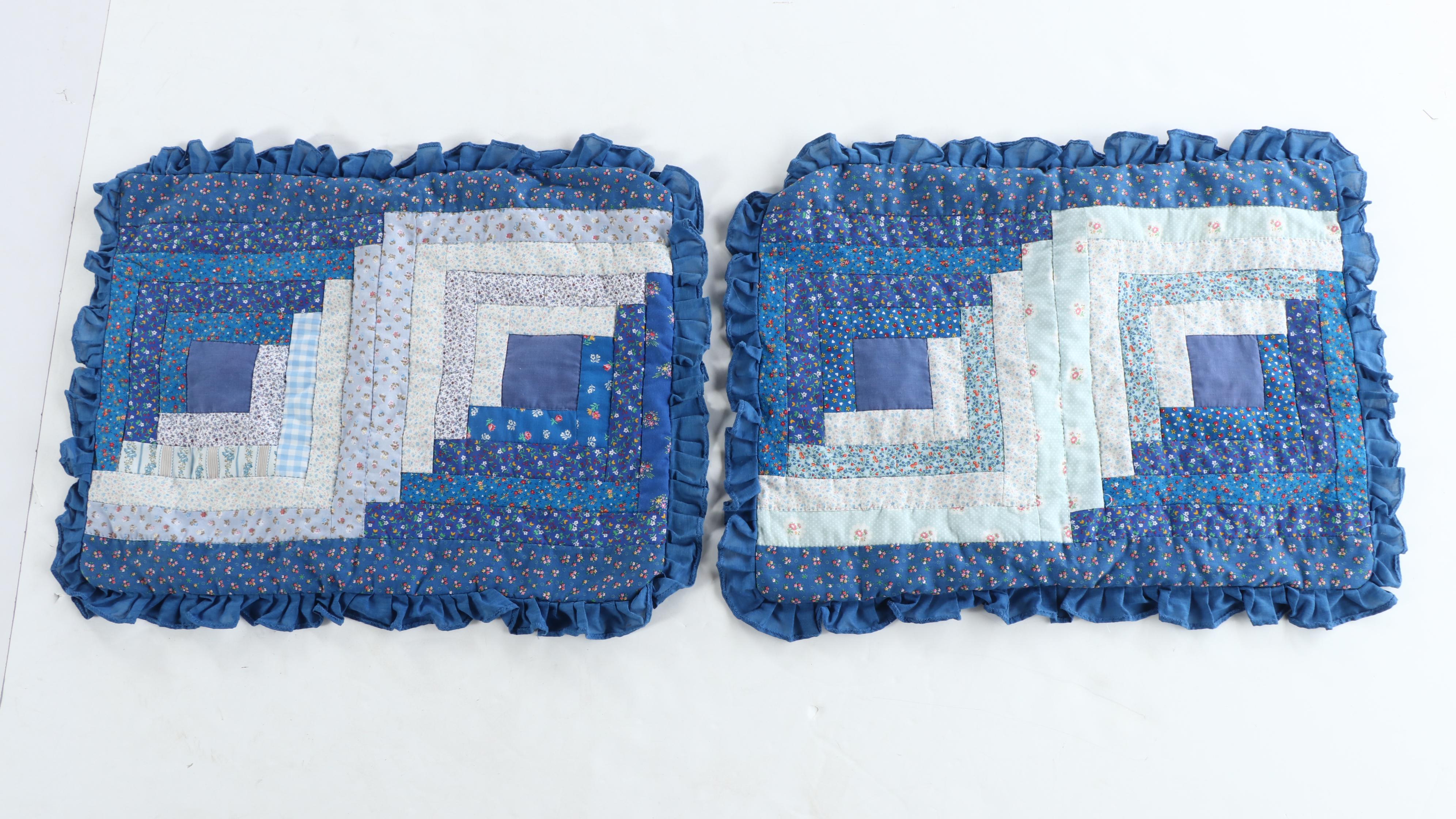 Handmade Pieced "Log Cabin" Blue Calico Quilt with Matching Pillow Cases