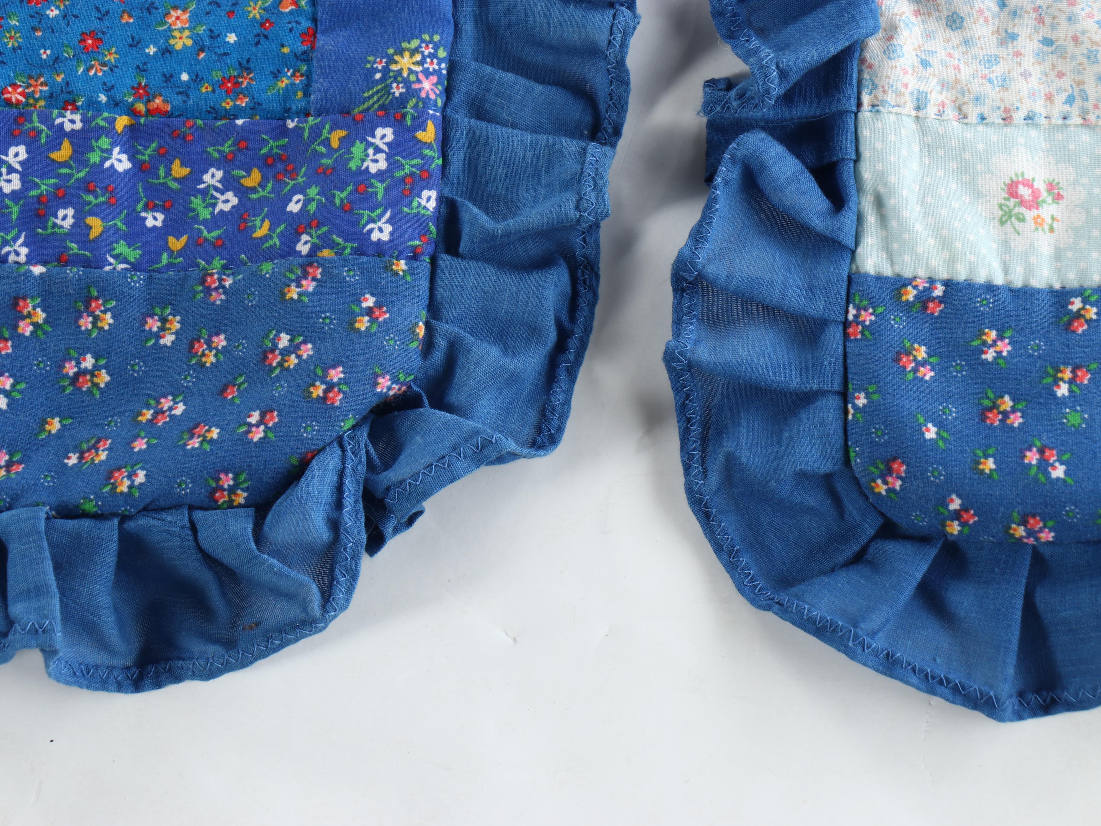 Handmade Pieced "Log Cabin" Blue Calico Quilt with Matching Pillow Cases