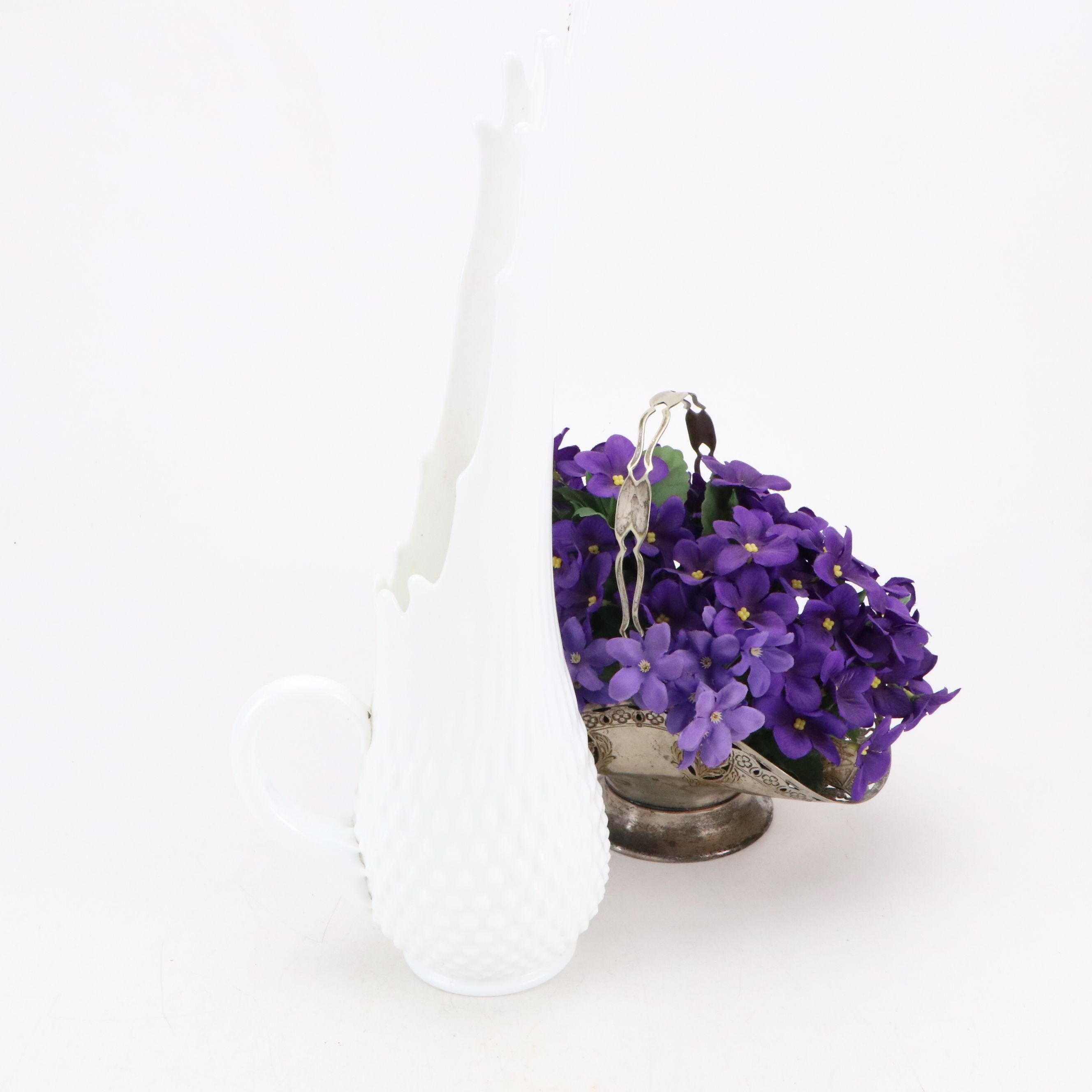 Silver Plate Bride's Basket, White Hobnail Swung Glass Pitcher, Recipe Box, More