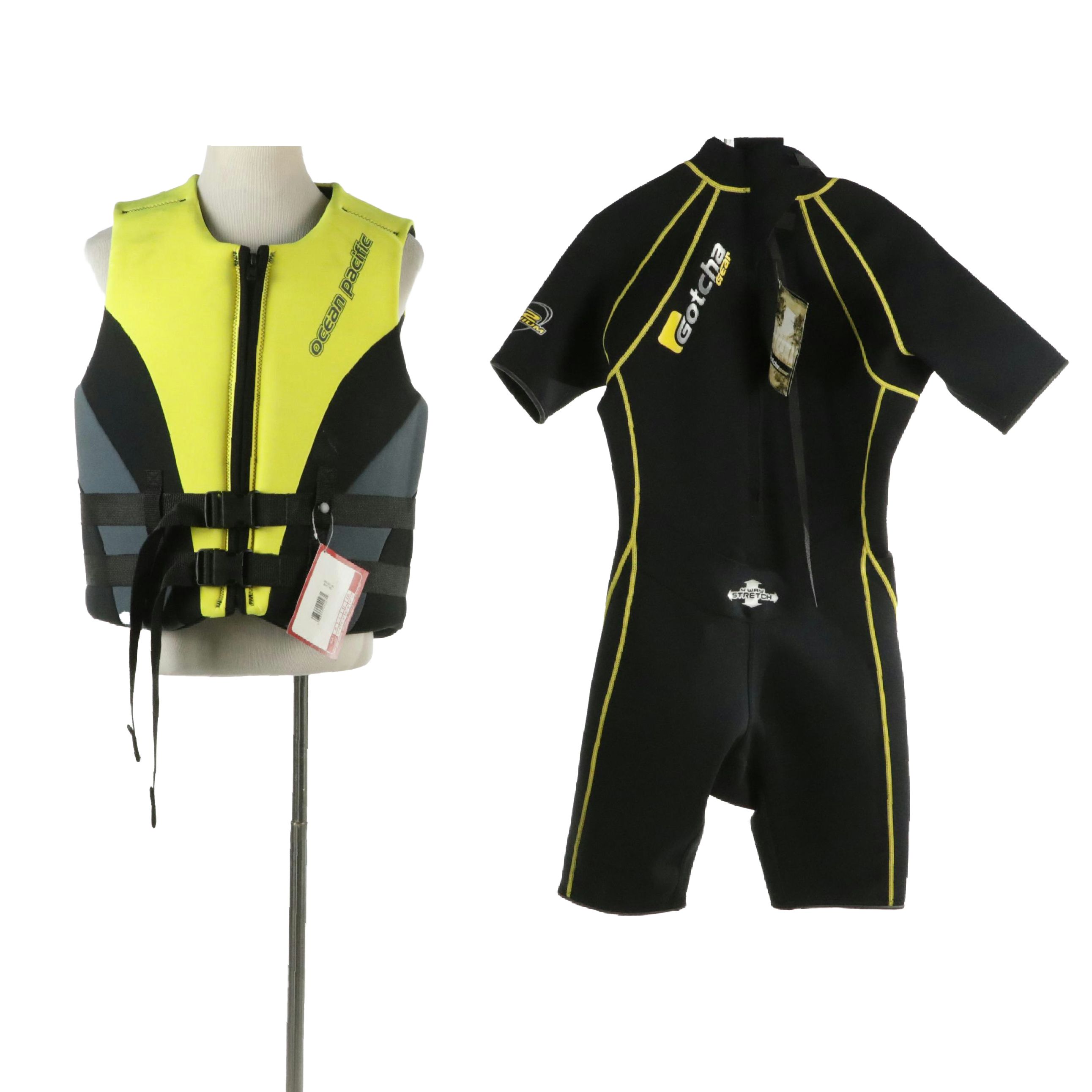 Men's Gotcha Gear 5062 Shorty Wetsuit and Ocean Pacific 402 Life Vest