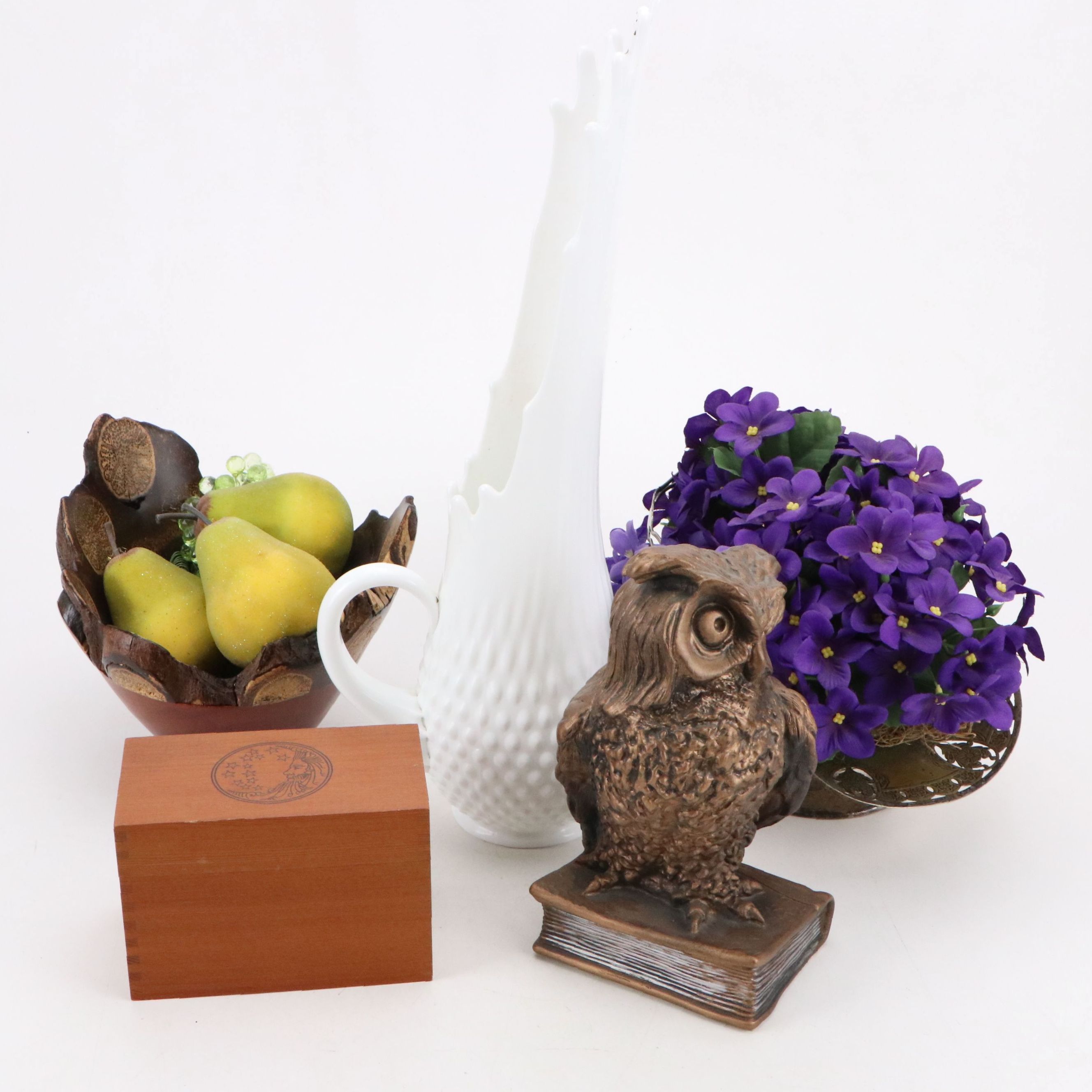 Silver Plate Bride's Basket, White Hobnail Swung Glass Pitcher, Recipe Box, More