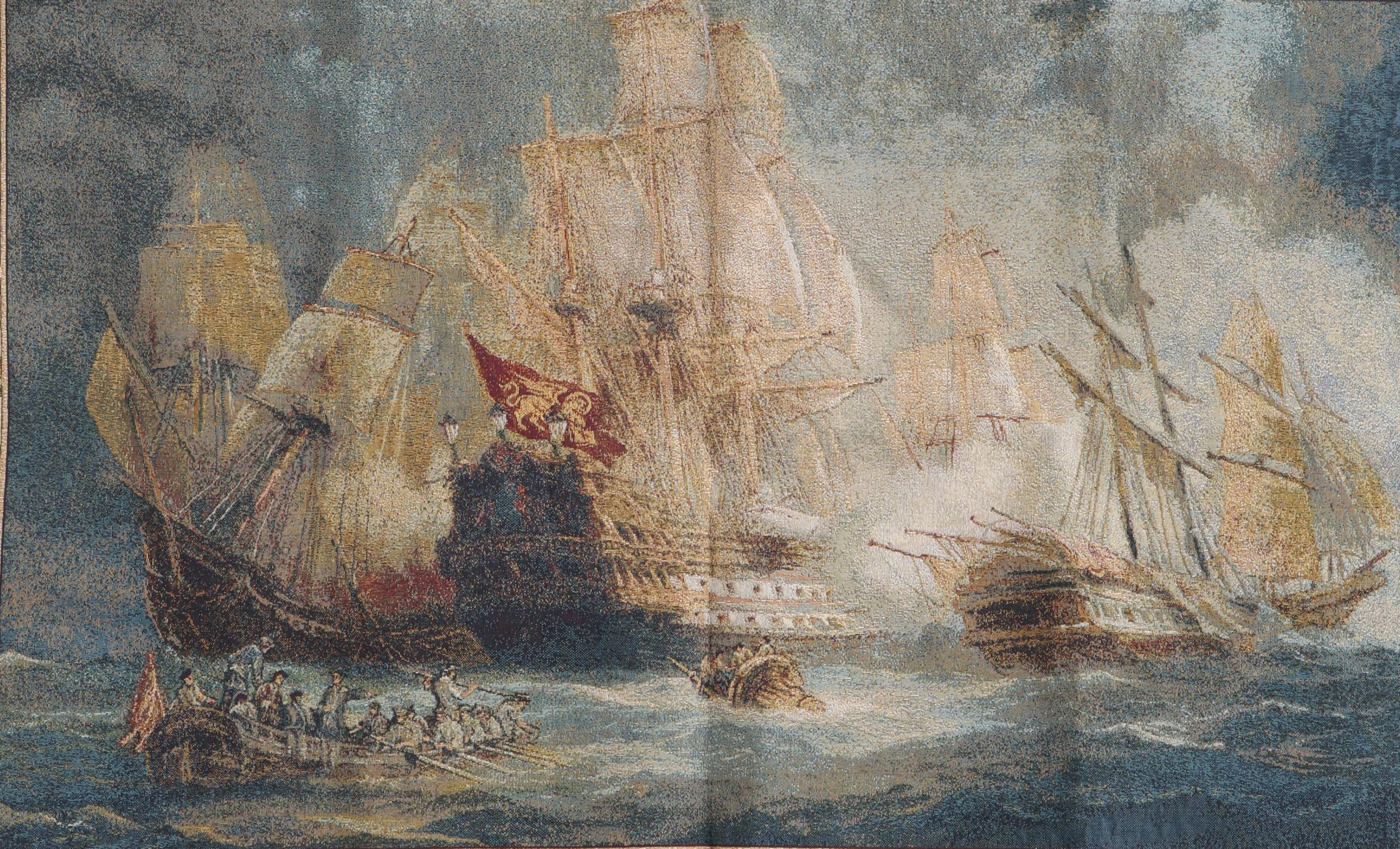 Arazzo Italian Jacquard Woven Naval Battle Scene Tapestry, Late 20th Century