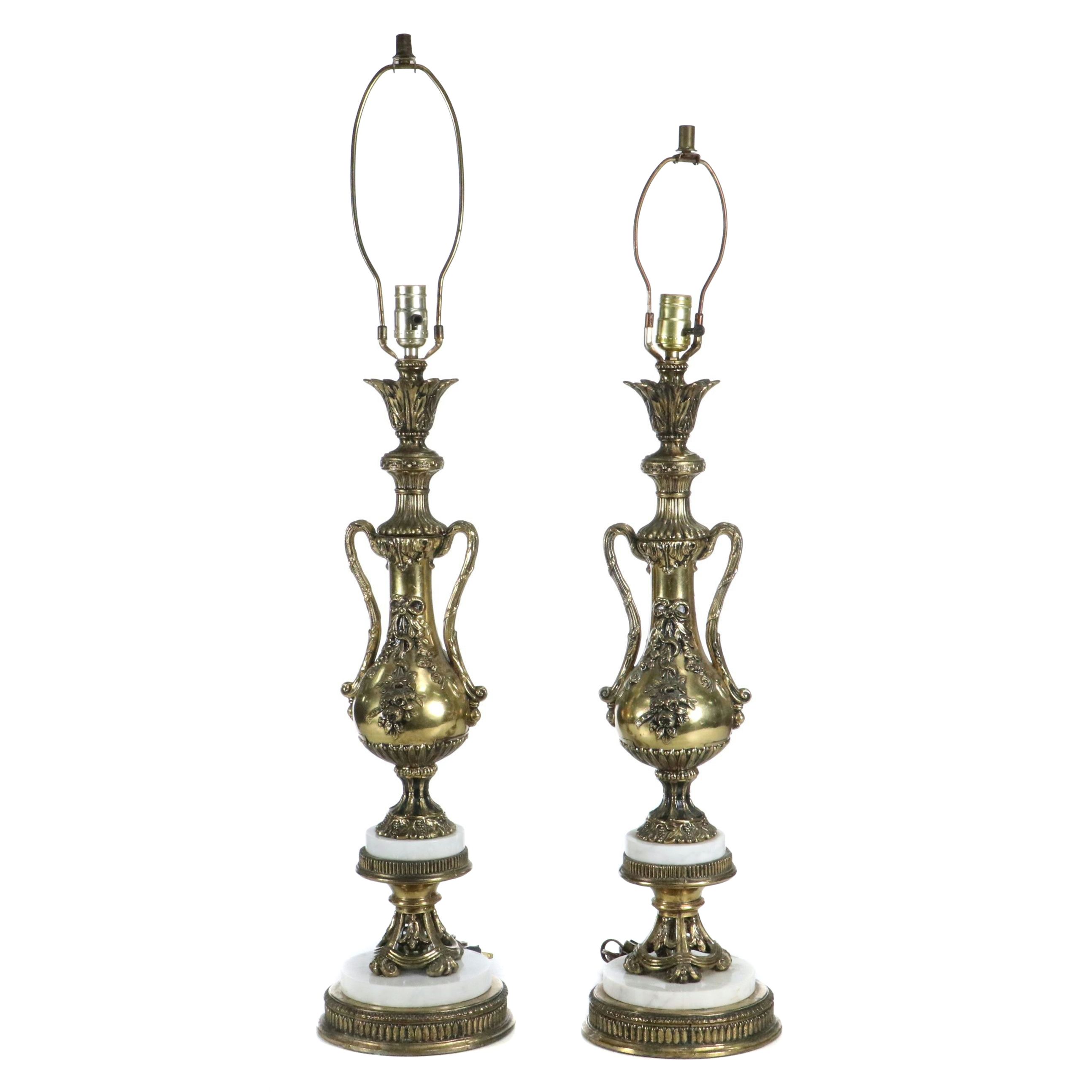 Italian Renaissance Style Gilt Metal and Marble Console Lamps, Vintage