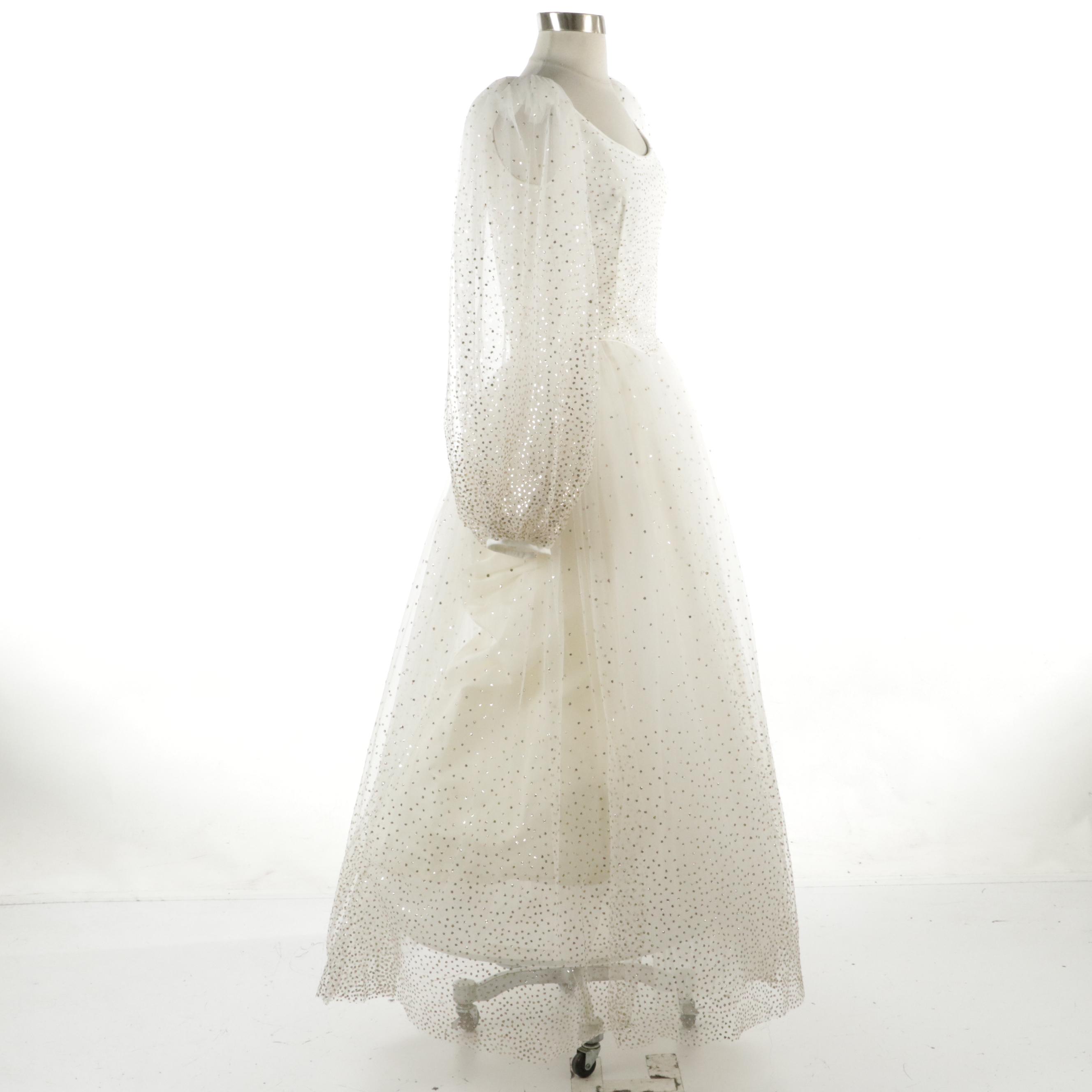 Alfred Bosand Balloon Sleeve Metallic Flocked Tulle Ball Gown