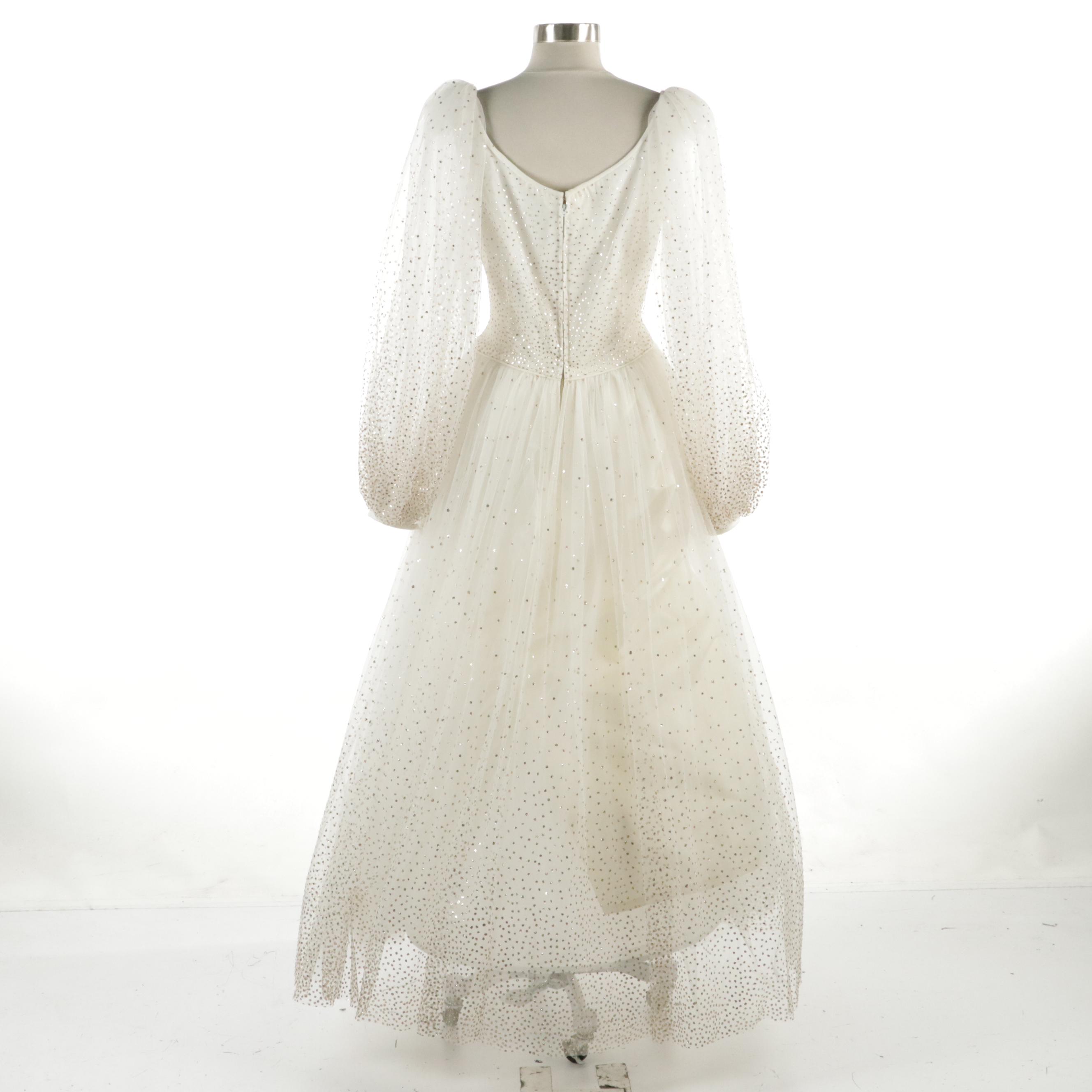 Alfred Bosand Balloon Sleeve Metallic Flocked Tulle Ball Gown