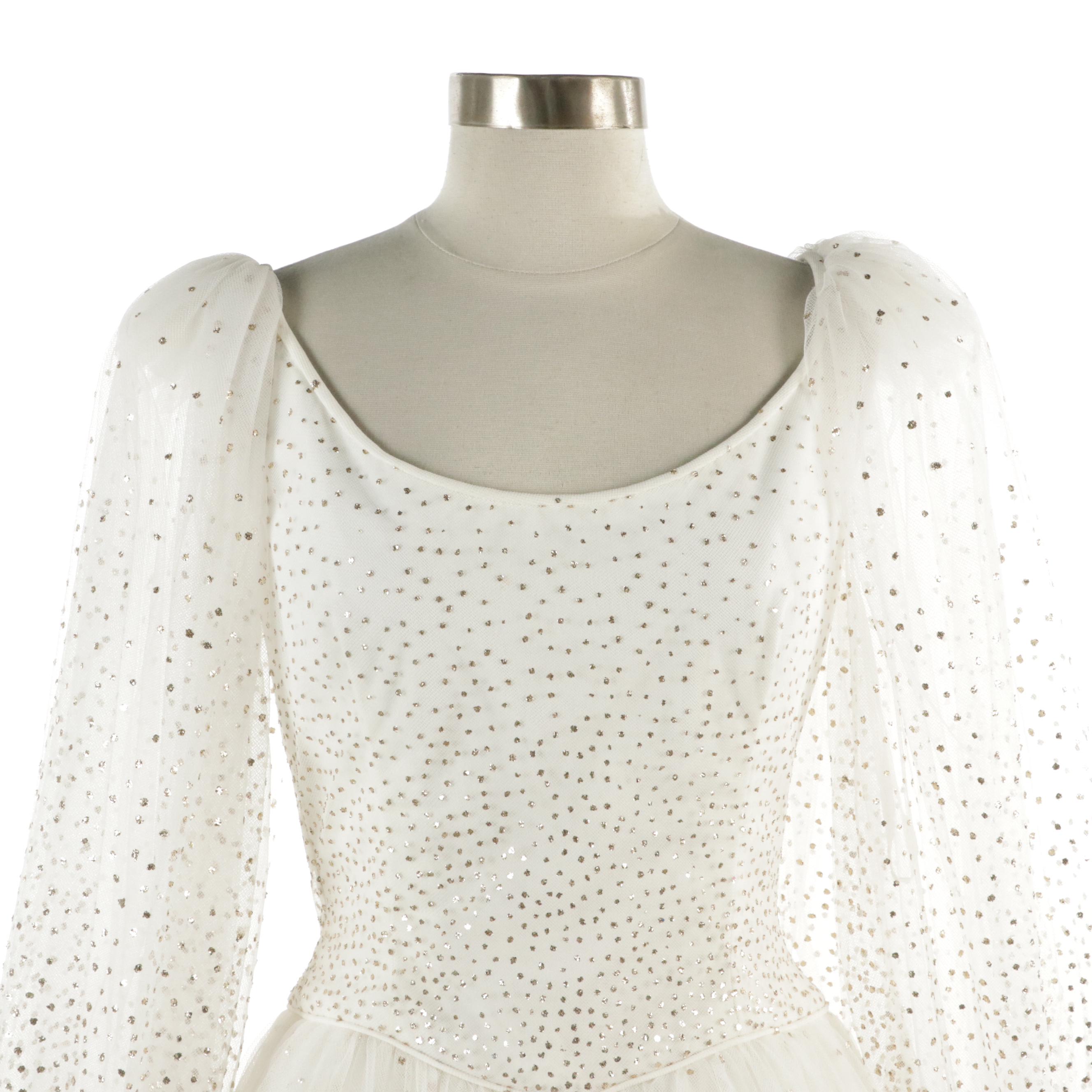 Alfred Bosand Balloon Sleeve Metallic Flocked Tulle Ball Gown