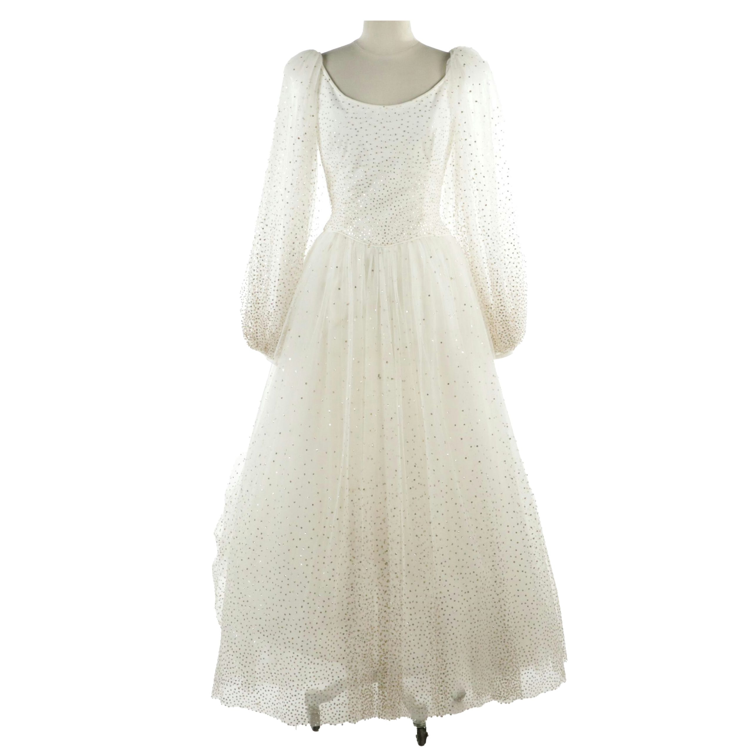 Alfred Bosand Balloon Sleeve Metallic Flocked Tulle Ball Gown