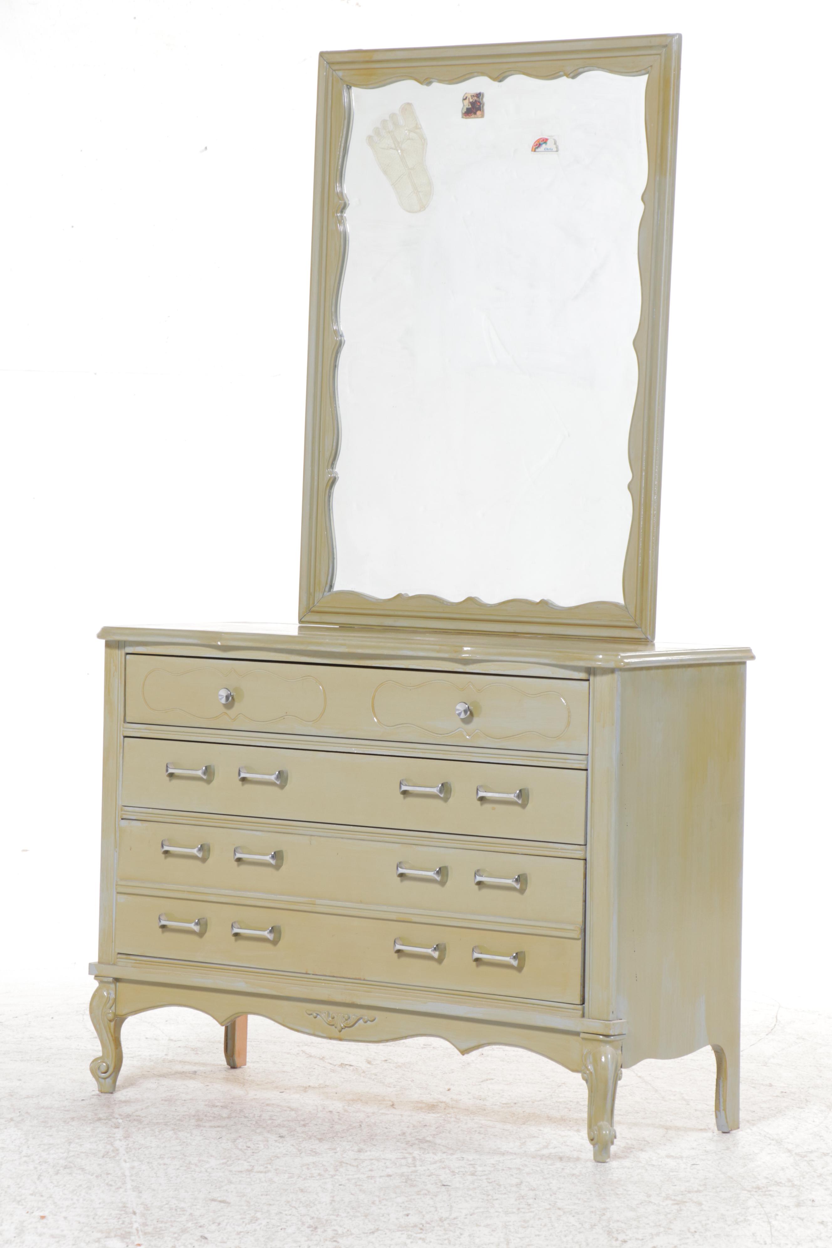 Green Painted French Provincial Style Dresser with Mirror and Chest of Drawers
