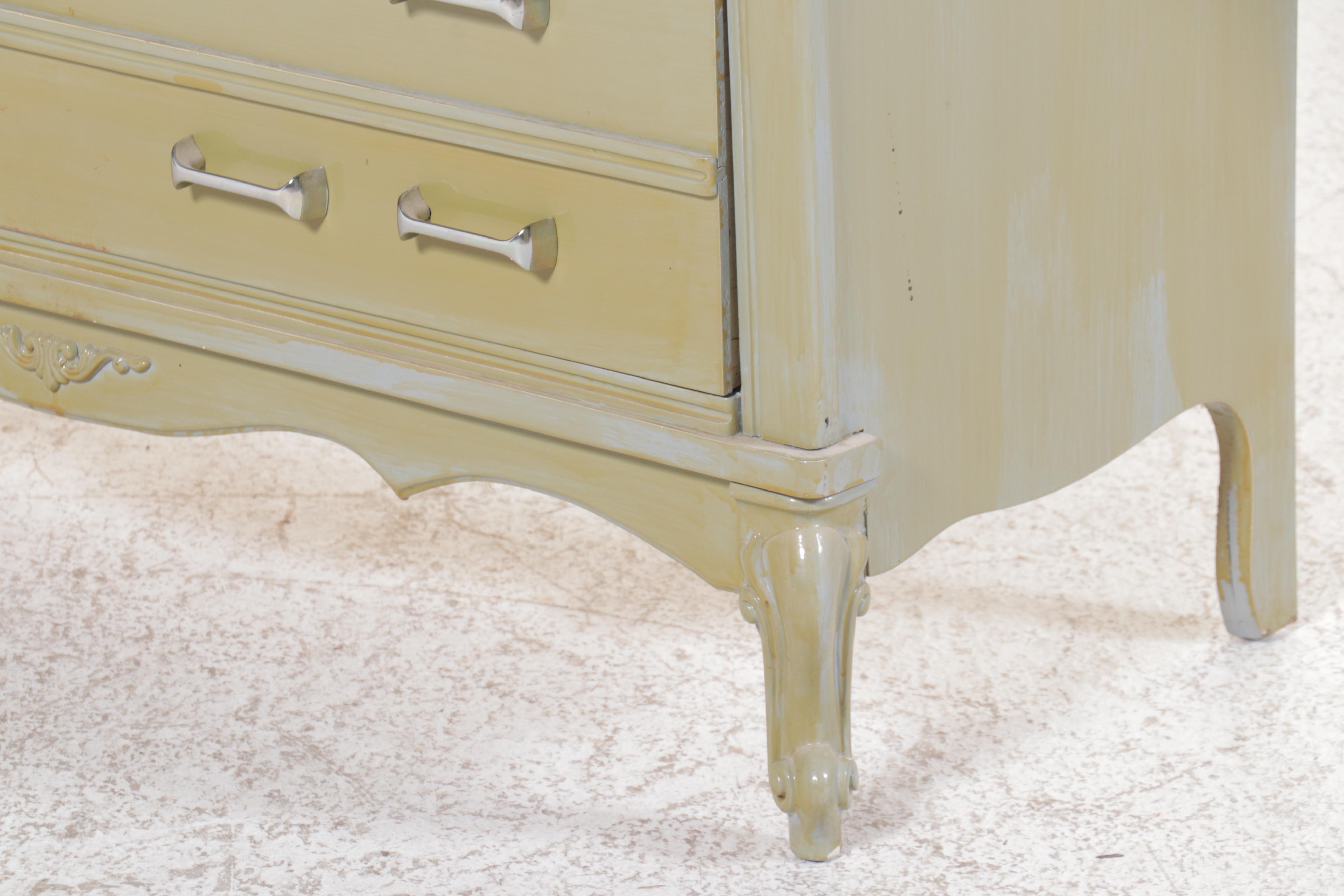 Green Painted French Provincial Style Dresser with Mirror and Chest of Drawers