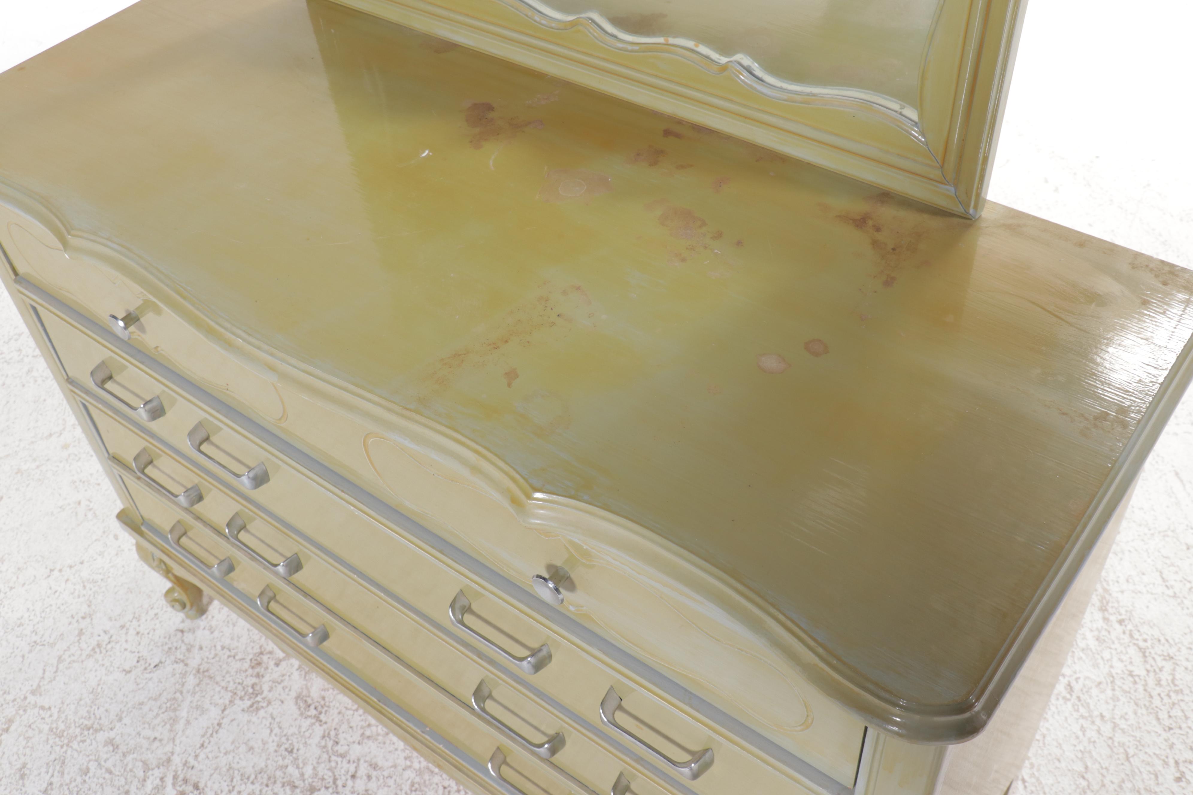 Green Painted French Provincial Style Dresser with Mirror and Chest of Drawers