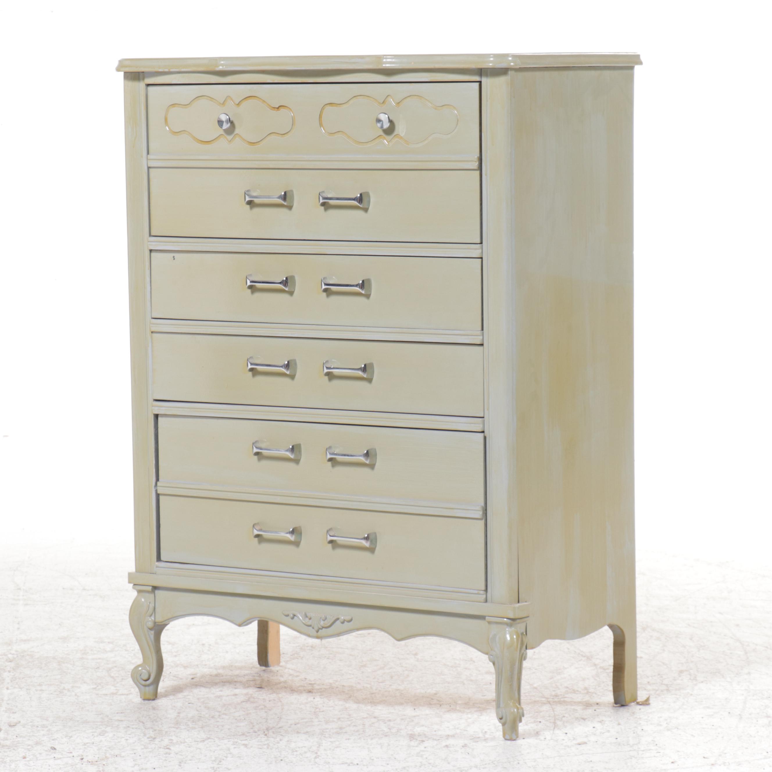 Green Painted French Provincial Style Dresser with Mirror and Chest of Drawers
