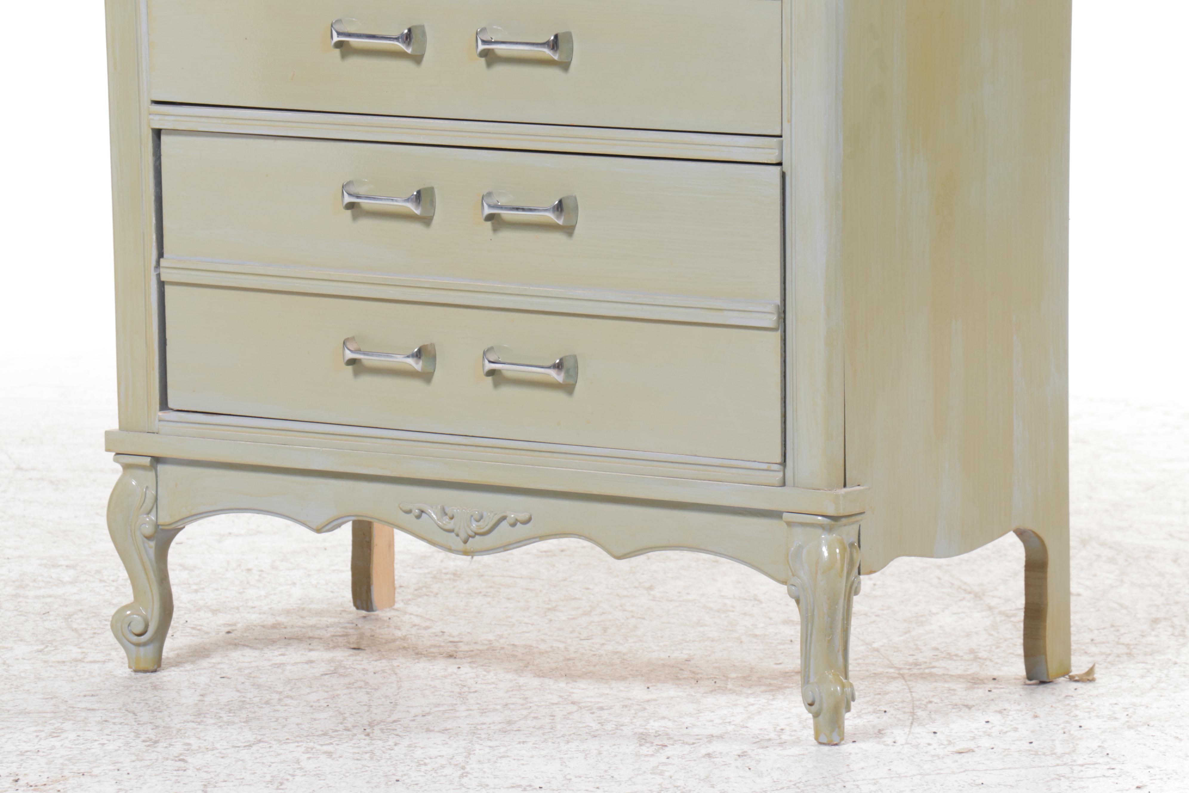 Green Painted French Provincial Style Dresser with Mirror and Chest of Drawers