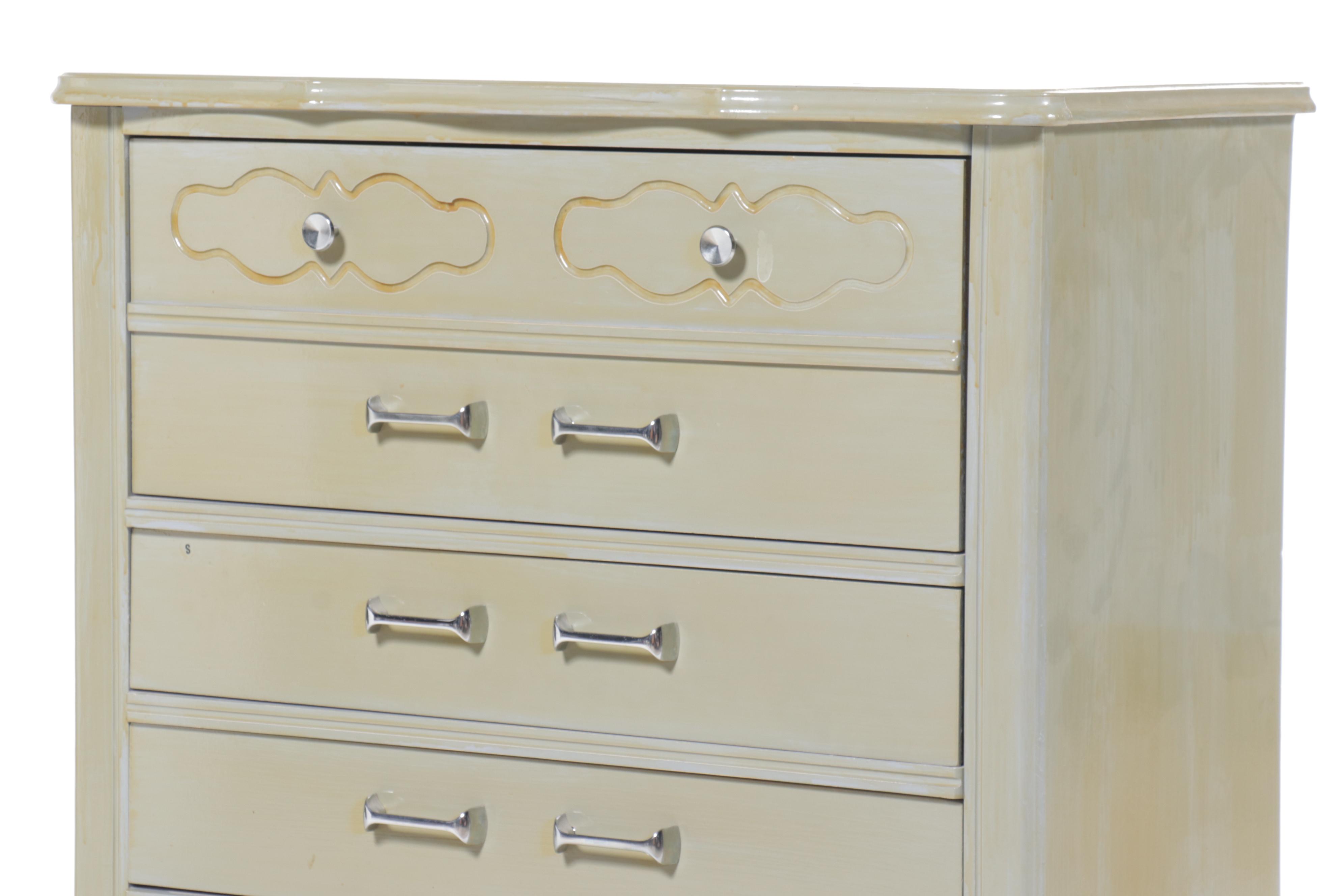 Green Painted French Provincial Style Dresser with Mirror and Chest of Drawers
