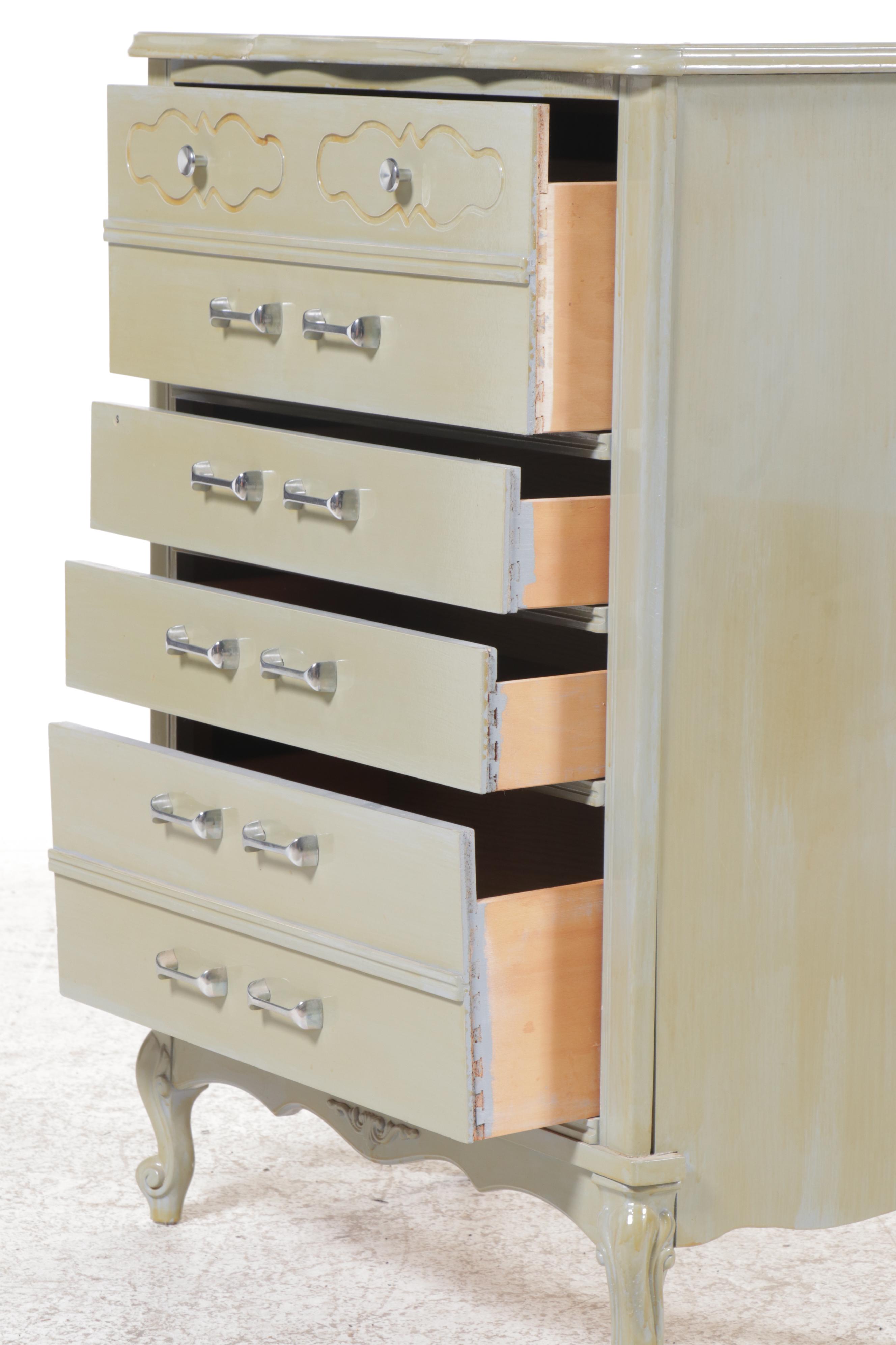 Green Painted French Provincial Style Dresser with Mirror and Chest of Drawers