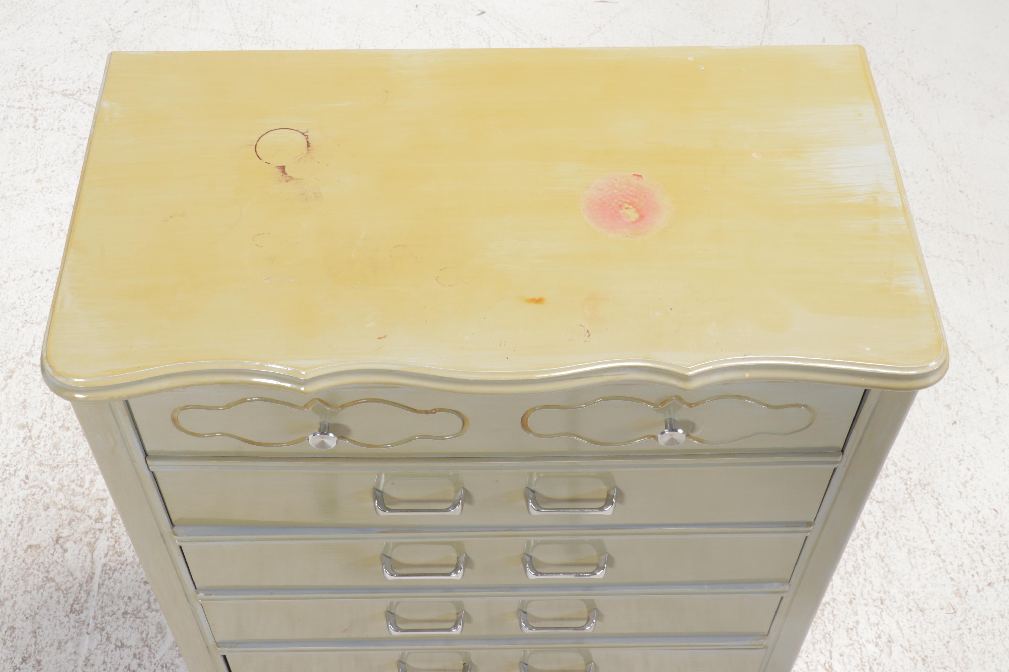 Green Painted French Provincial Style Dresser with Mirror and Chest of Drawers