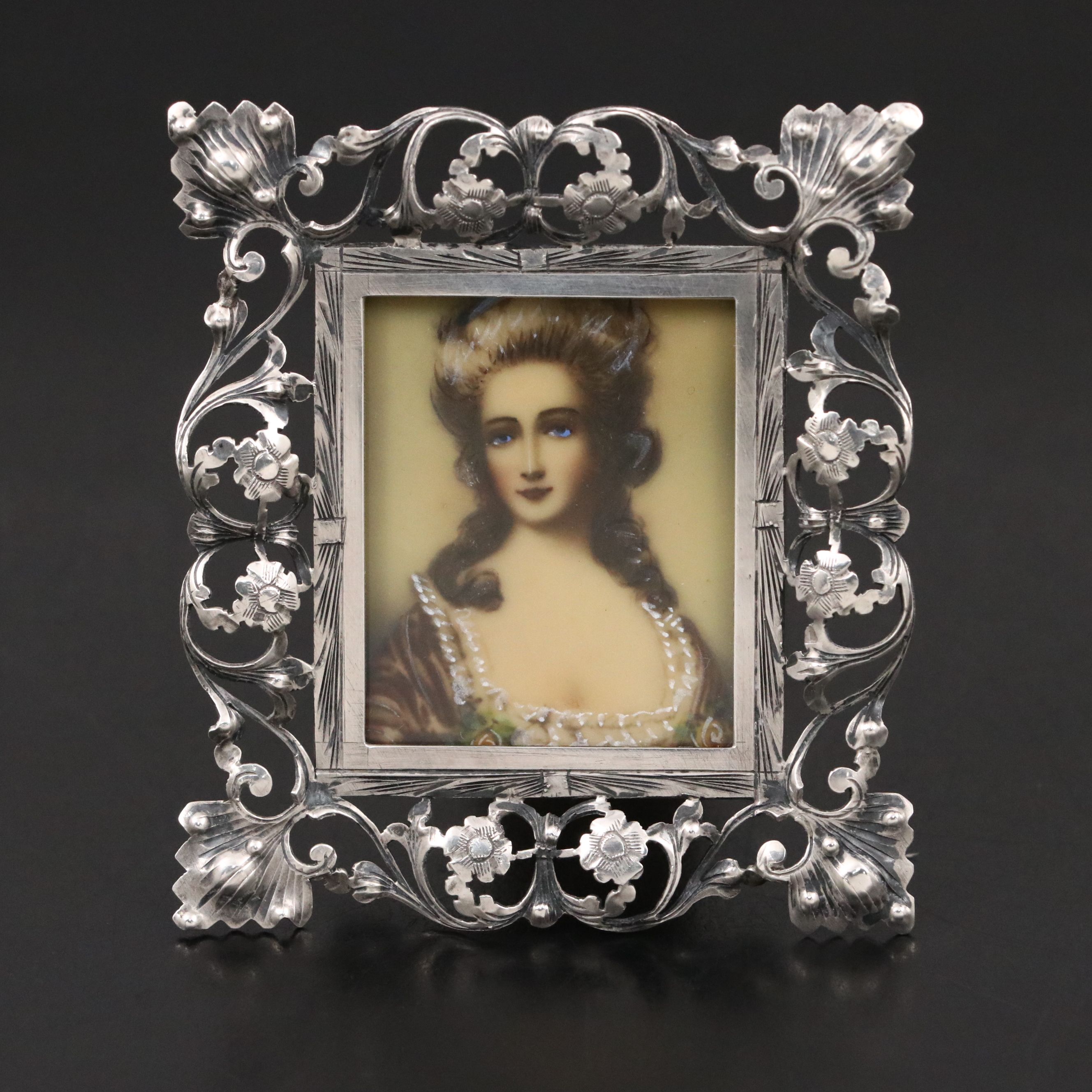 French Style Miniature Portrait of Lady in Cutwork Filigree 800 Silver Frame