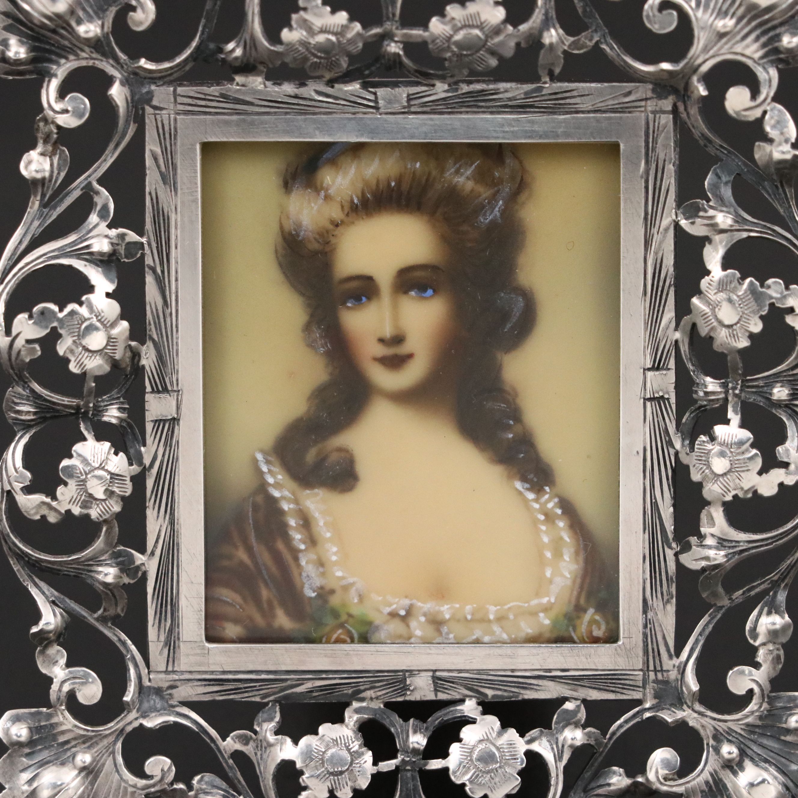 French Style Miniature Portrait of Lady in Cutwork Filigree 800 Silver Frame
