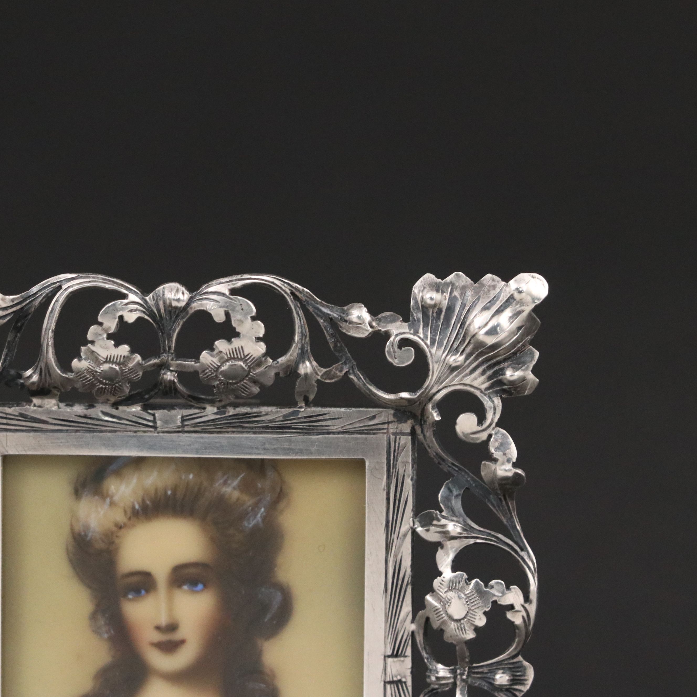 French Style Miniature Portrait of Lady in Cutwork Filigree 800 Silver Frame