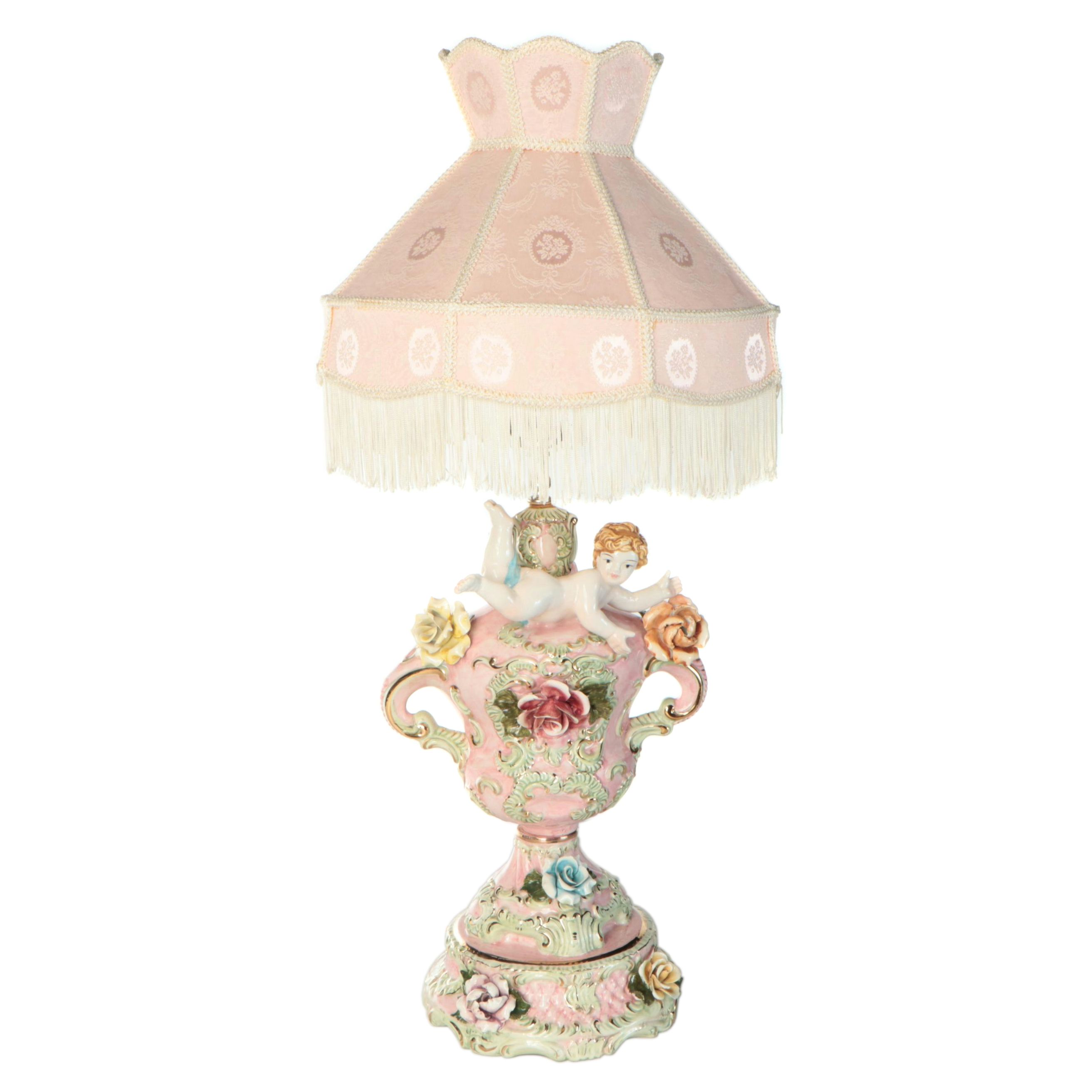 Capodimonte Style Putto Form & Roses Ceramic Table Lamp, Victorian Shade