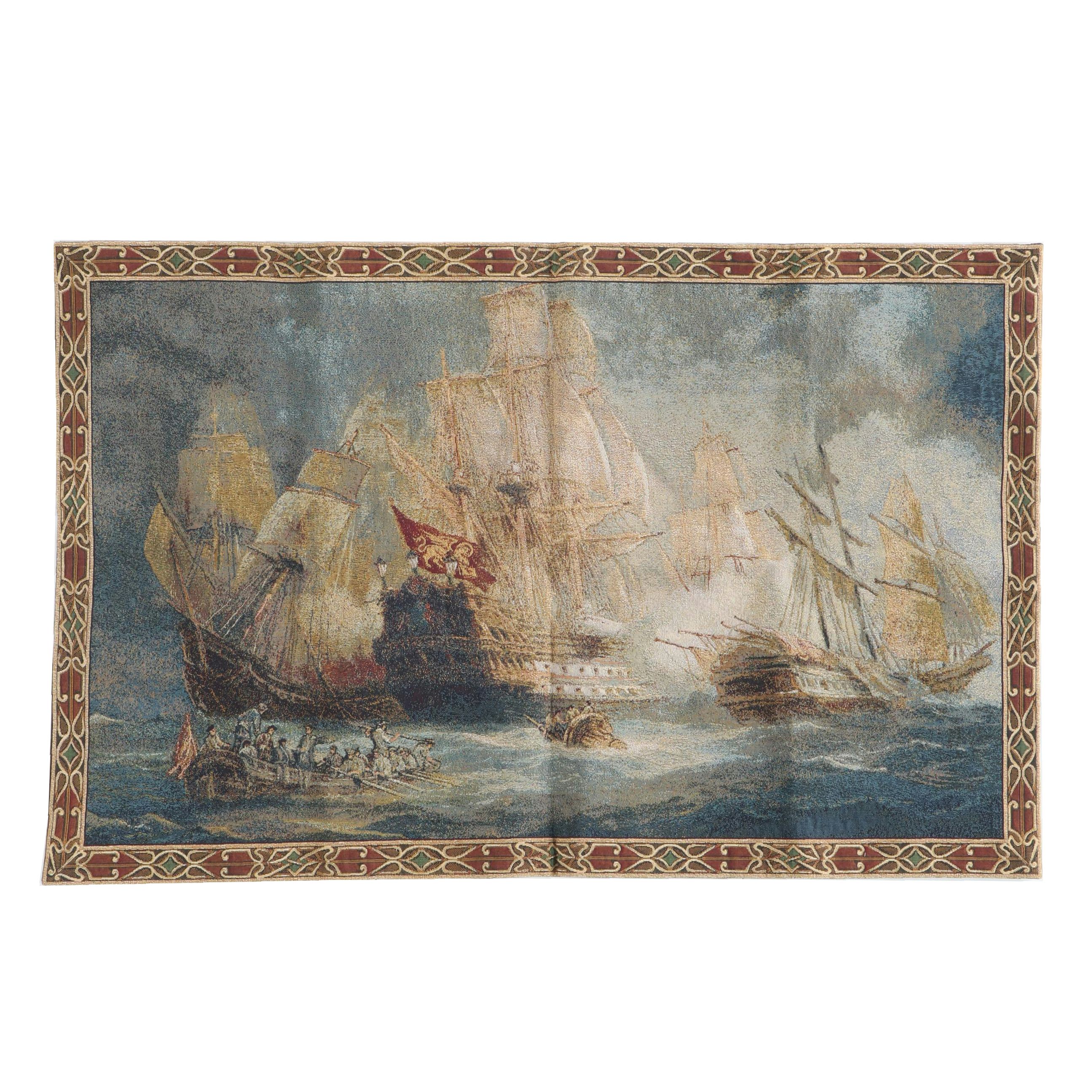 Arazzo Italian Jacquard Woven Naval Battle Scene Tapestry, Late 20th Century