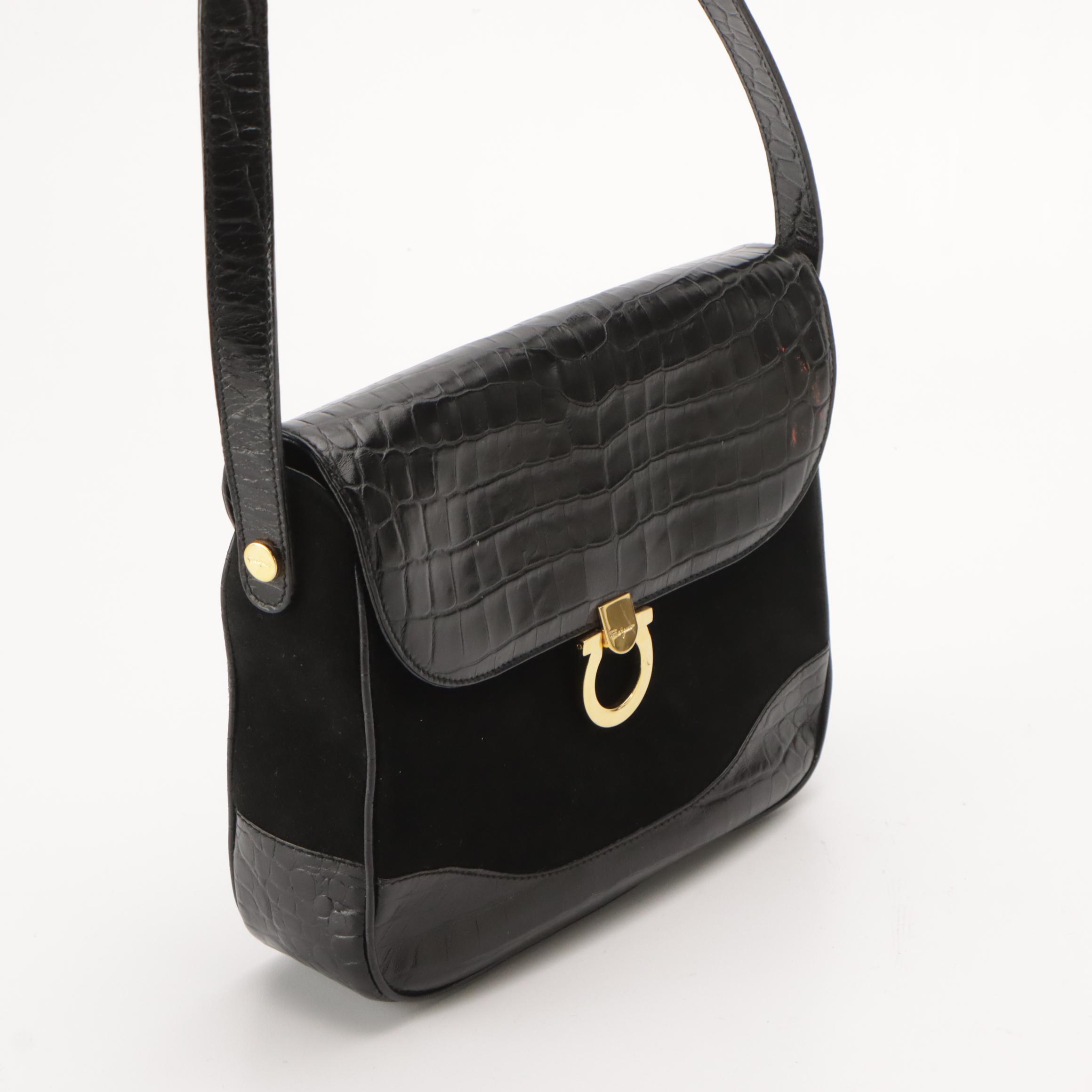 Salvatore Ferragamo Black Suede and Croc-Embossed Leather with Gancini Clasp