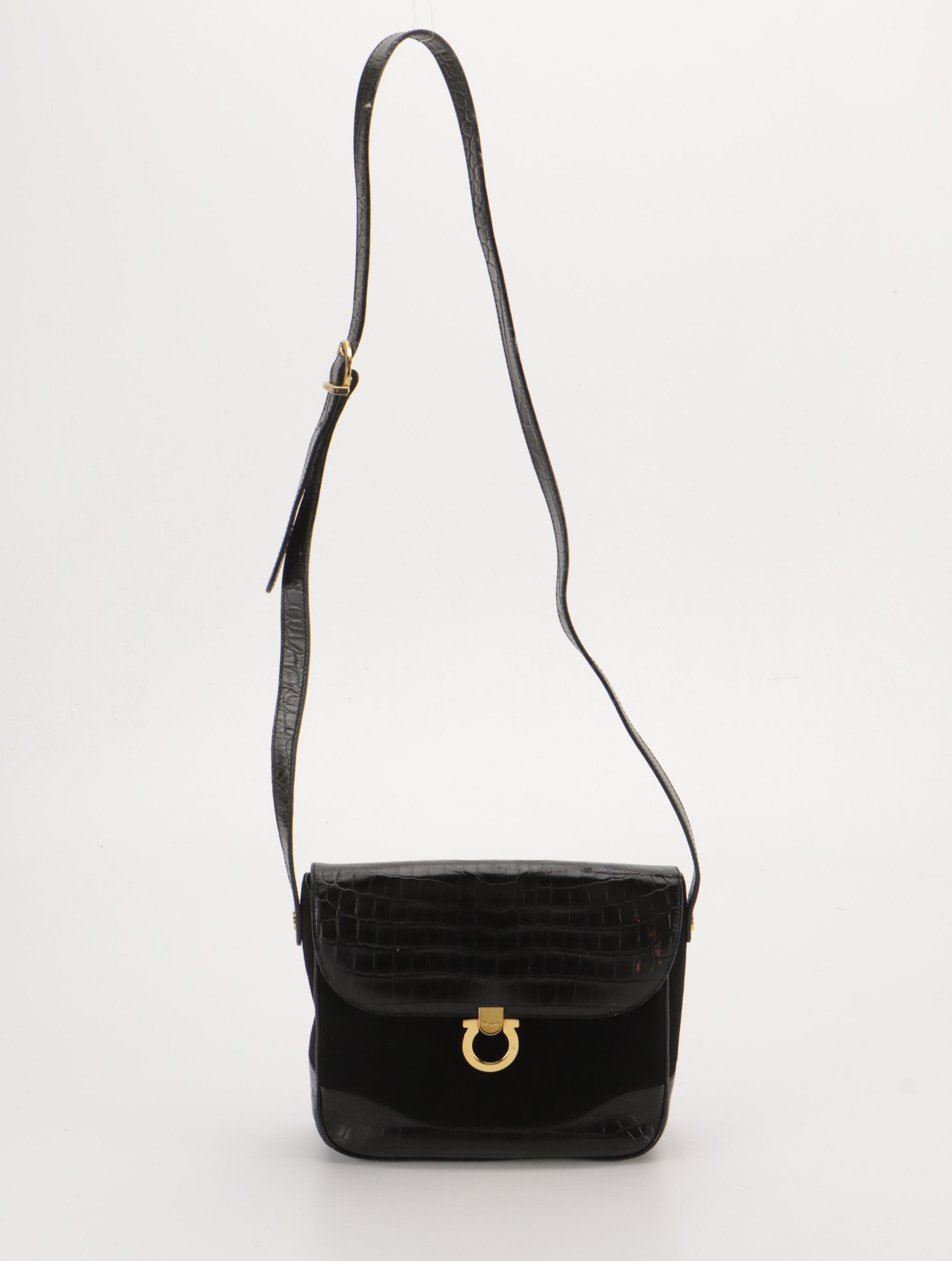 Salvatore Ferragamo Black Suede and Croc-Embossed Leather with Gancini Clasp