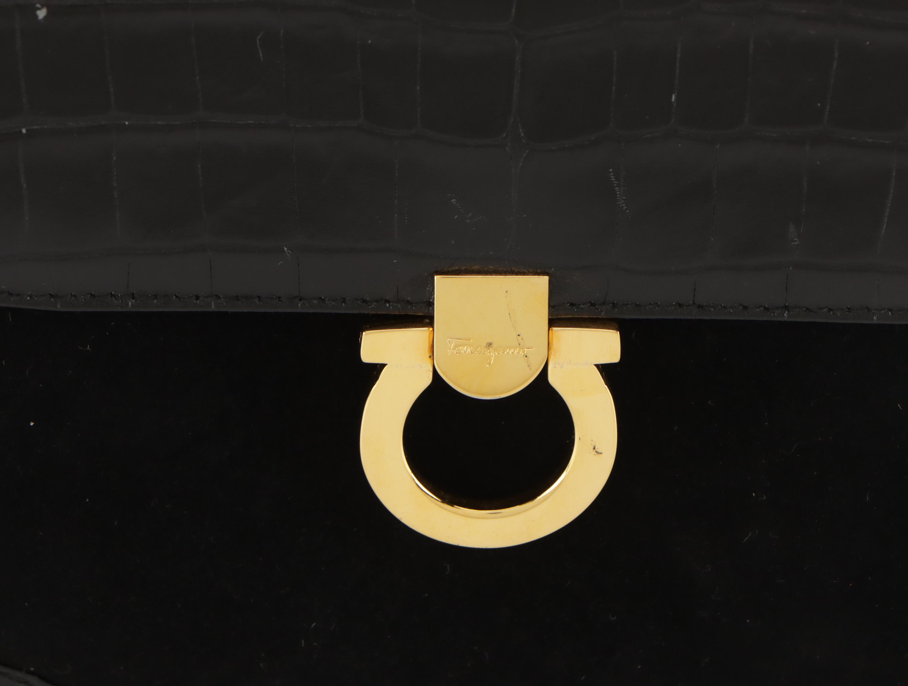Salvatore Ferragamo Black Suede and Croc-Embossed Leather with Gancini Clasp
