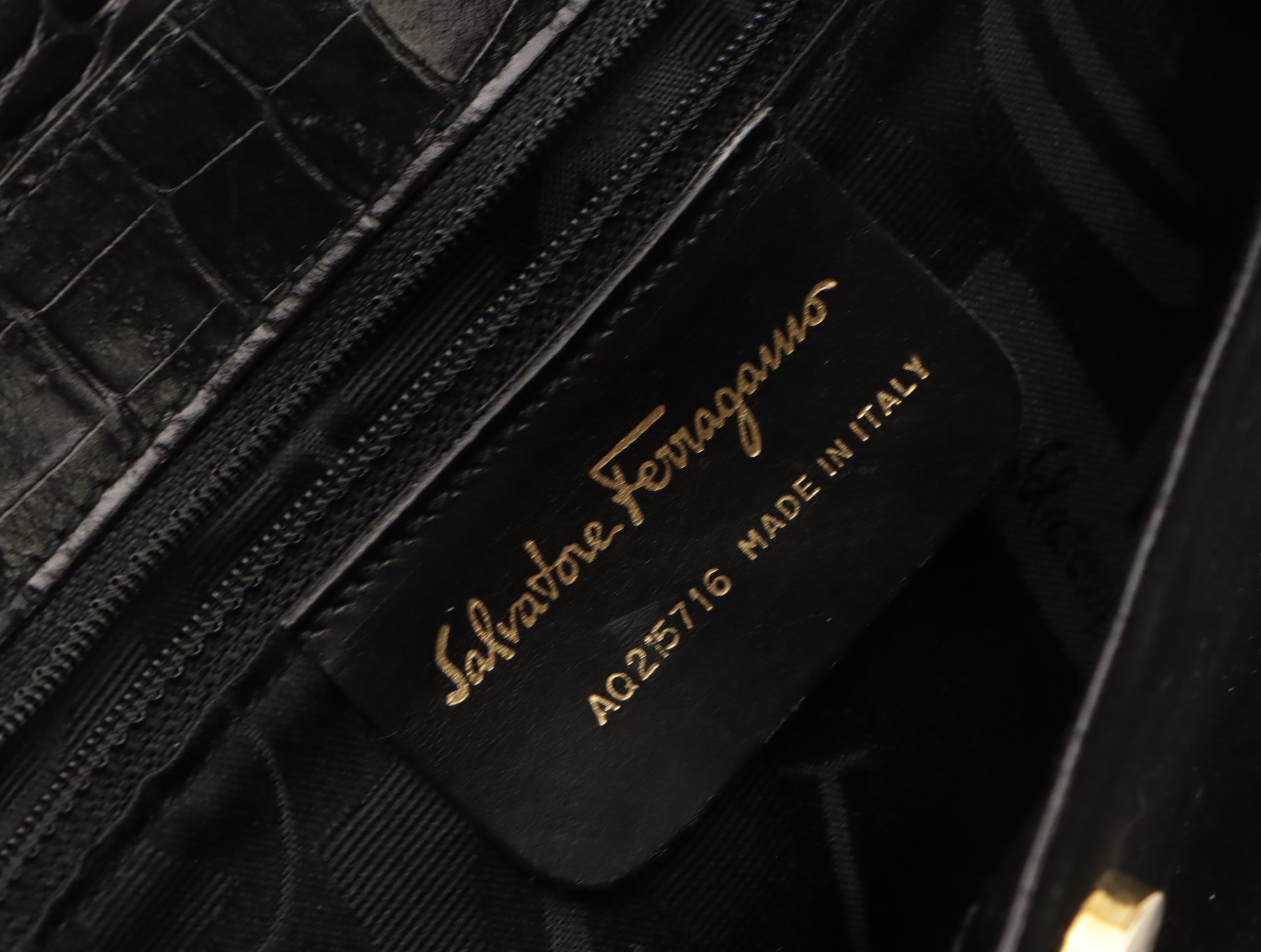 Salvatore Ferragamo Black Suede and Croc-Embossed Leather with Gancini Clasp