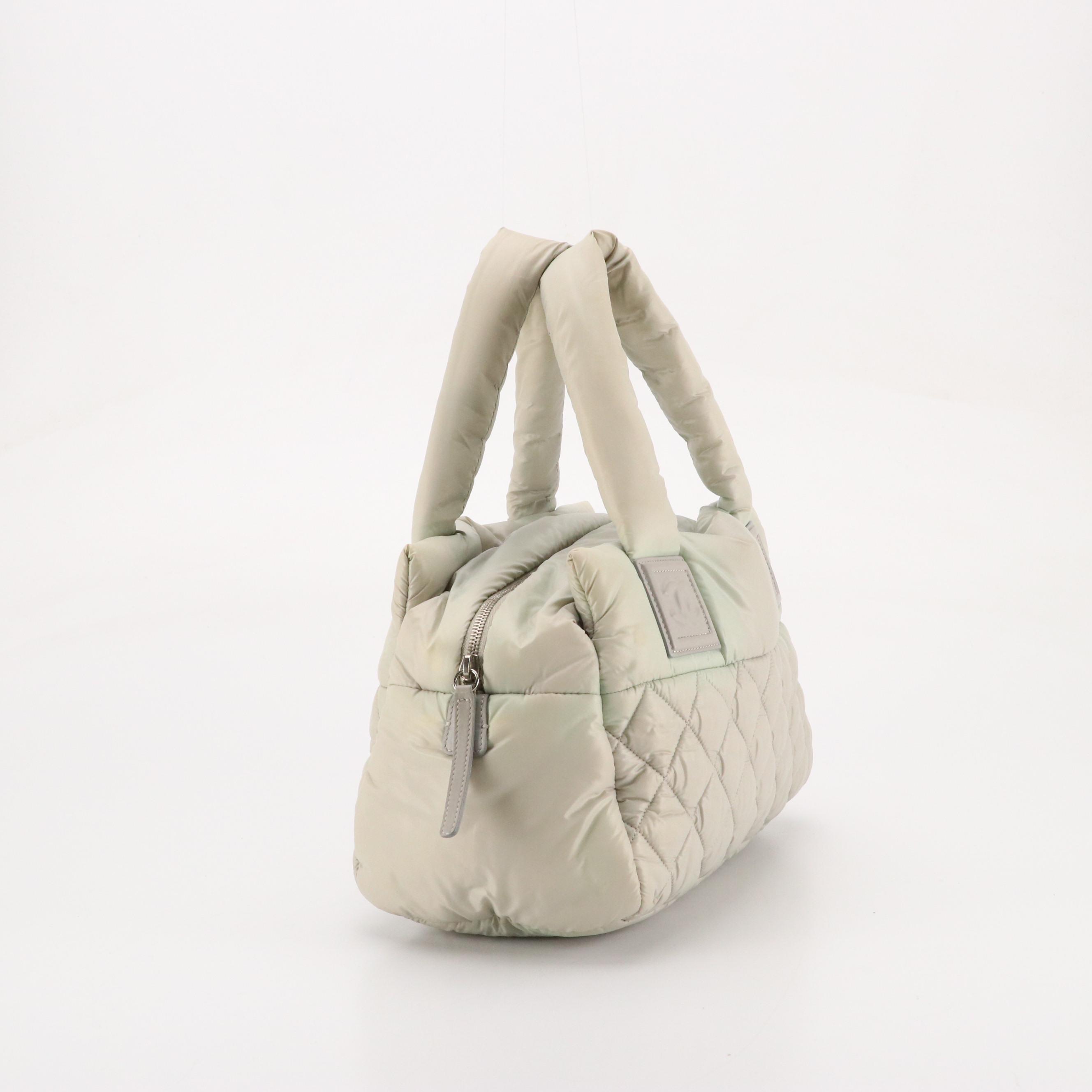 Chanel Coco Cocoon Bowling Handbag in Silver Quilted Nylon